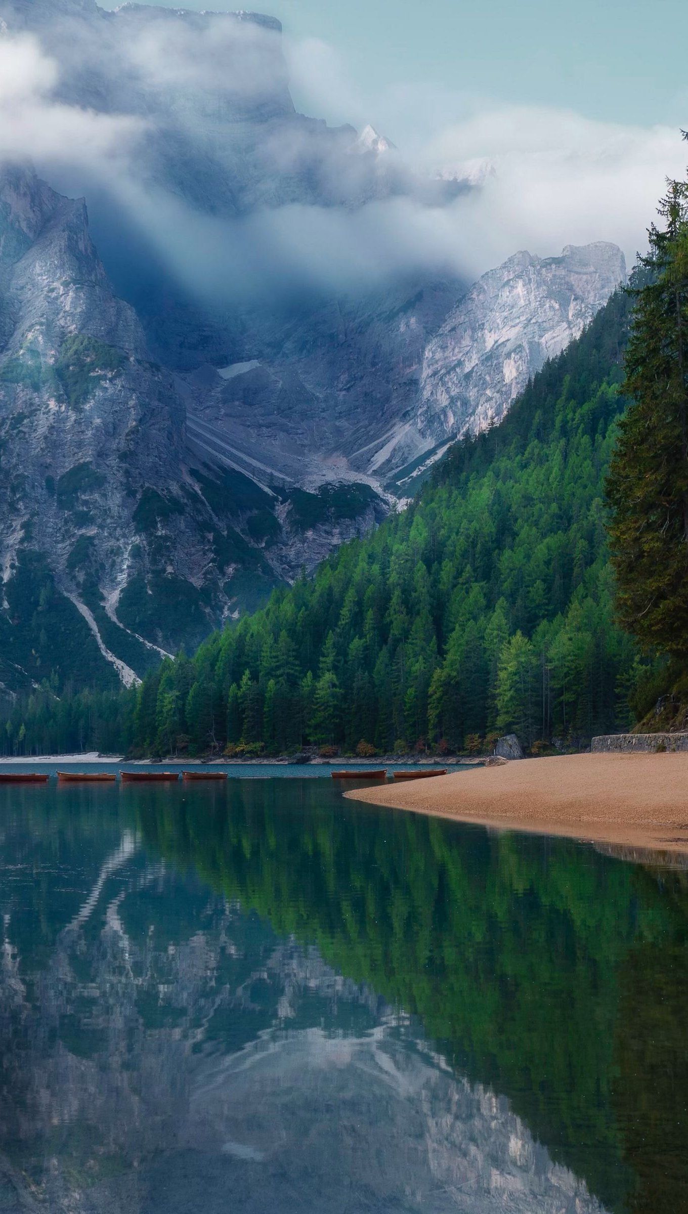 1360x2400 Lake in forest with fog Wallpaper 4k Ultra HD