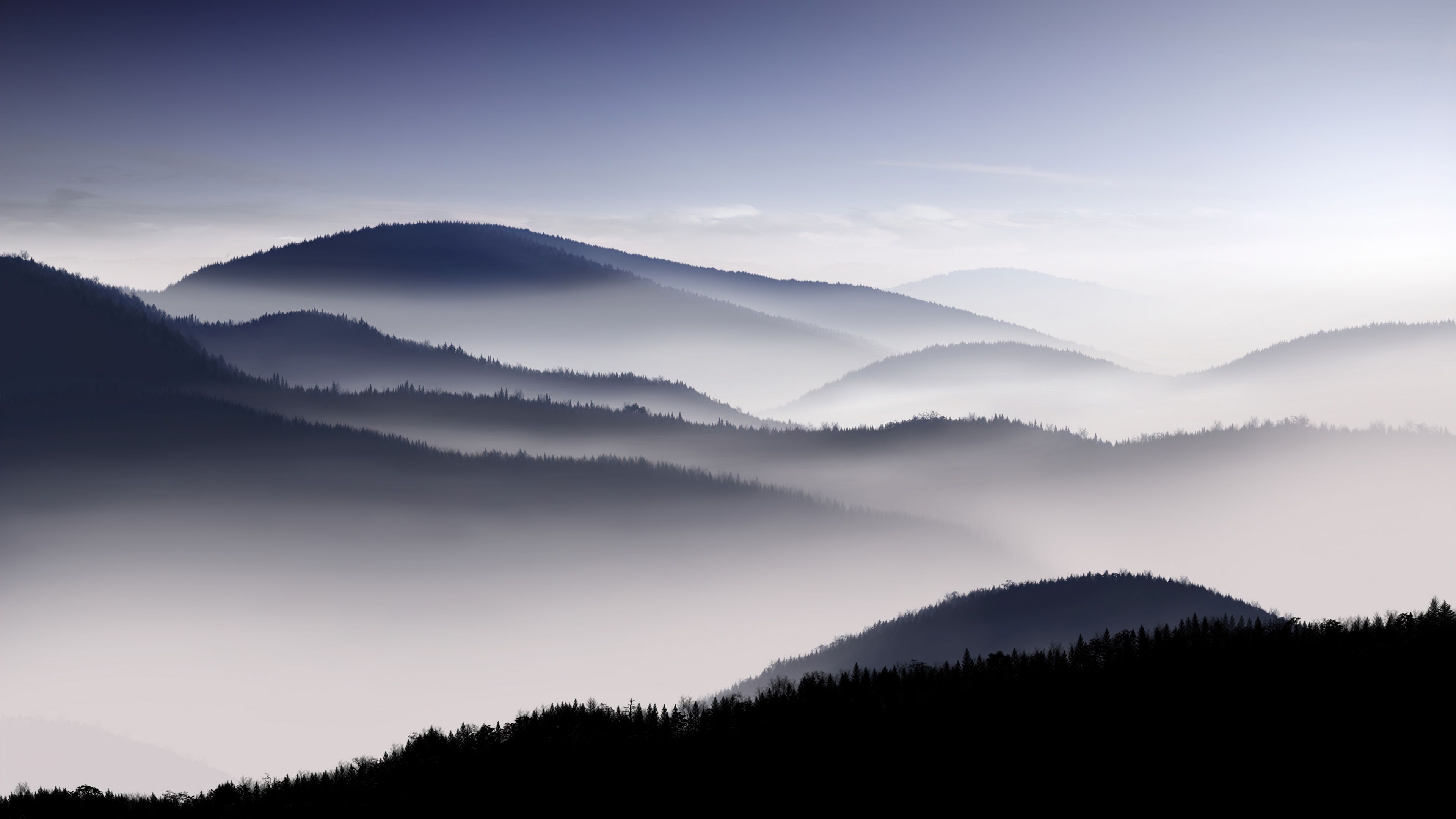 3840x2160 Mountains Wallpaper 4K, Foggy, Dawn, Hills, Morning fog