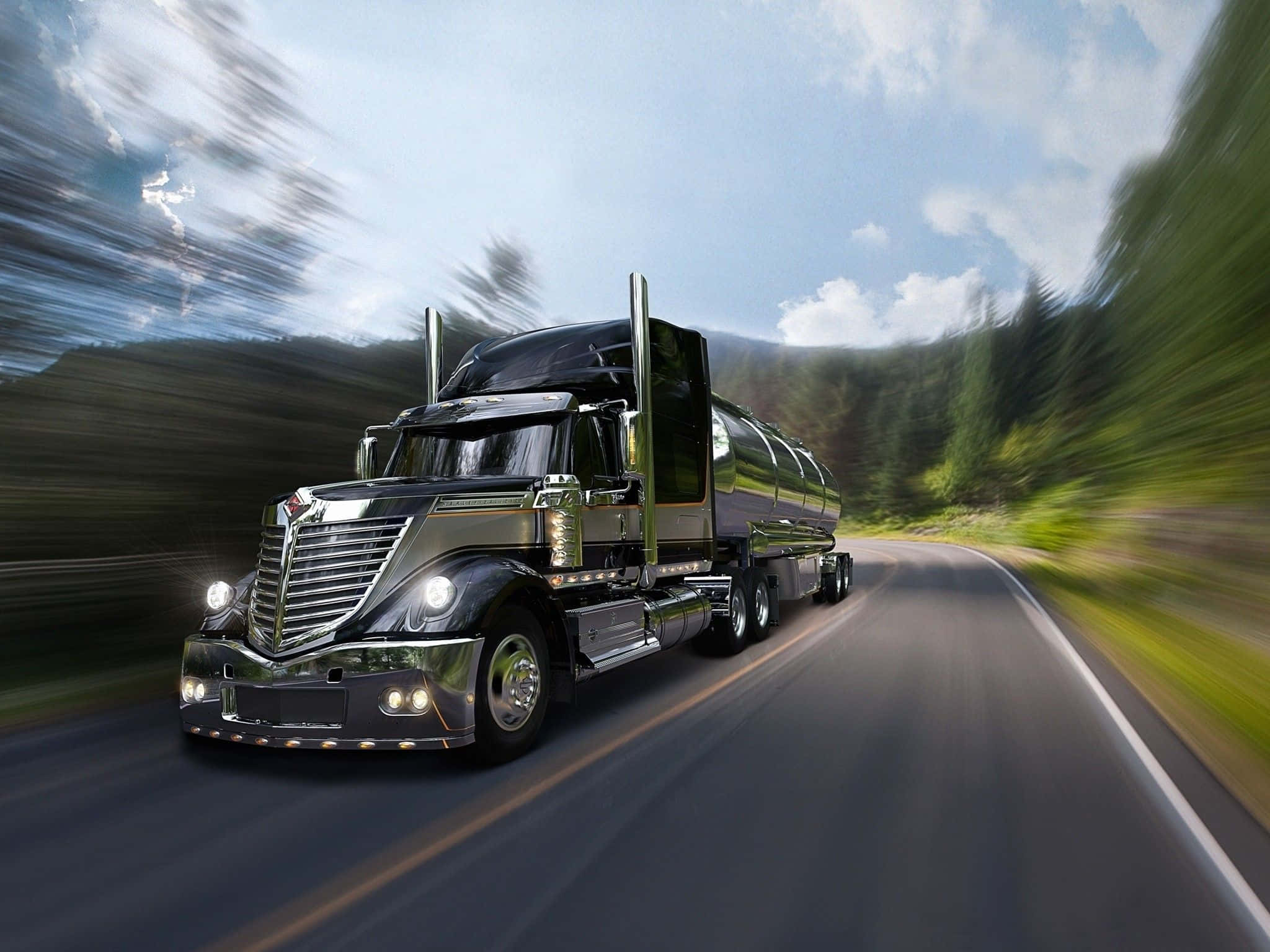2048x1536 Download A Black Semi Truck Driving Down The Road