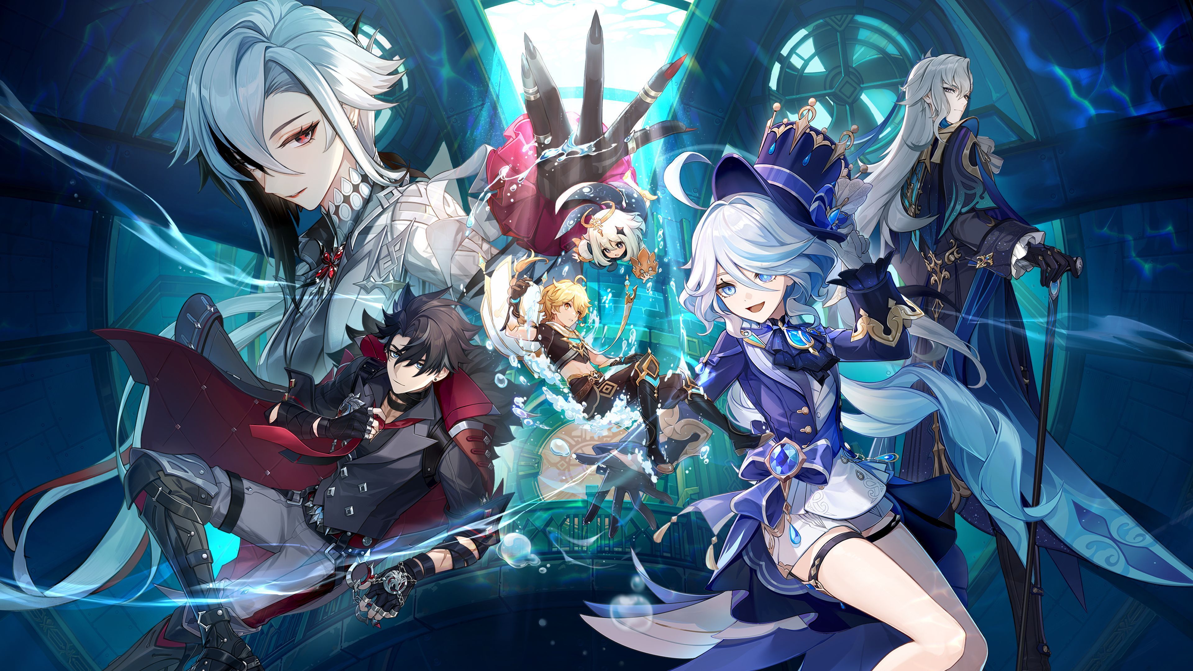 3840x2160 genshin impact aether arlecchino furina neuvillette paimon wriothesley armor garter tagme wallpaper