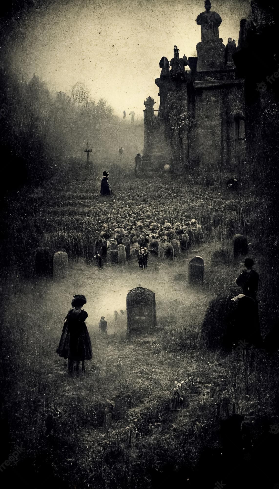 1143x2000 Premium Photo. Gloomy dark landscape old victorian photo style ghosts in abandoned church ruins 3D illustration