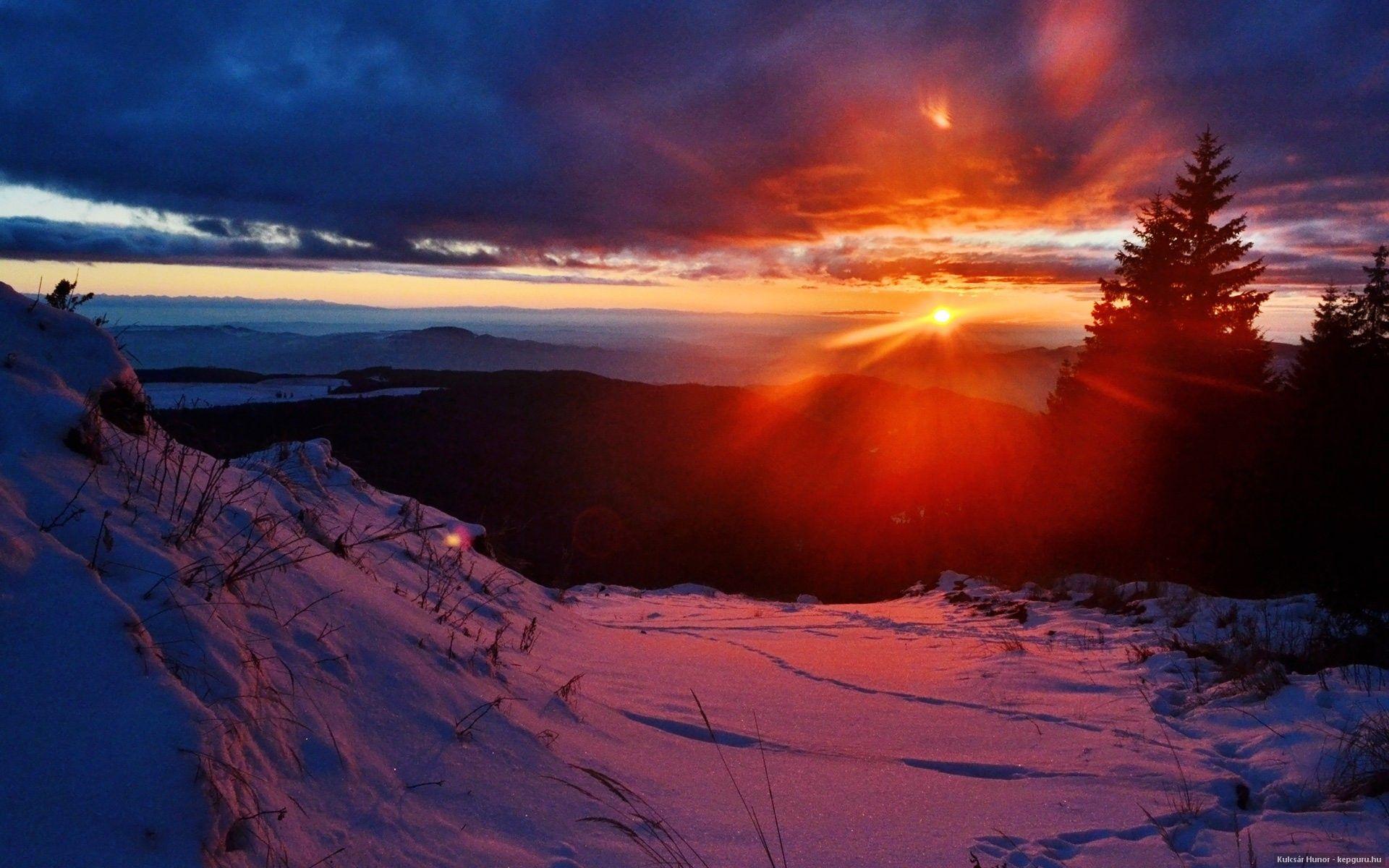 1920x1200 Sunset: Gorgeous Sunset Winter Rays Clouds Mountains Trees Earth