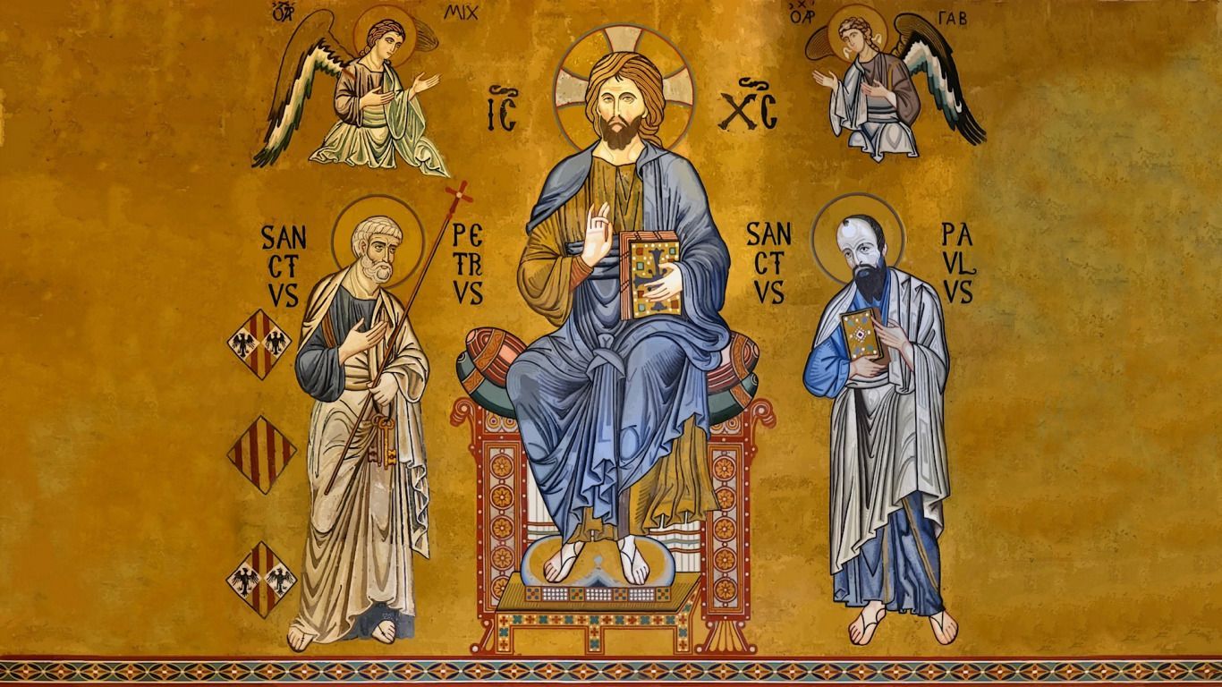 1366x768 Download wallpaper gold, angels, God, king, church, Sanctus, Jesus, Rex, Jesus Christ, orthodox, section rendering in resolution 1366x768