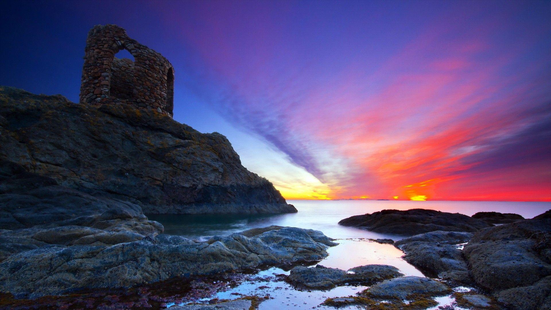 1920x1080 Sunset: Cliff Colors Sea Sunset Ruins Shore Cliffs Gorgeous