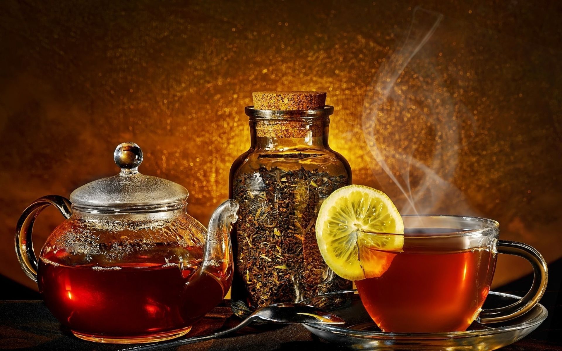 1920x1200 Leaves tea steam tea cup lemon wallpaperx1200