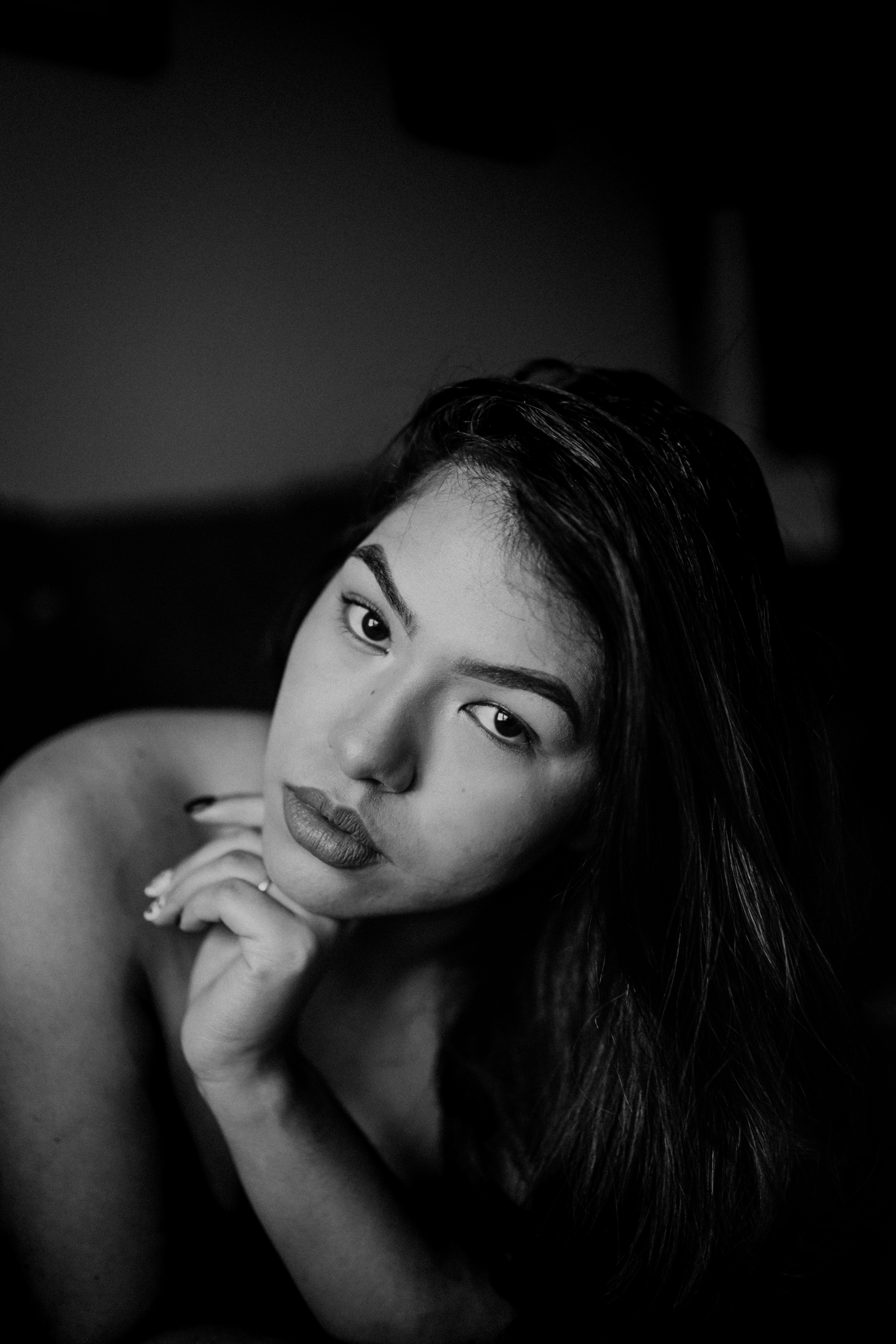 3589x5383 Black and White Portrait of Woman Posing Shirtless in Jacket · Free