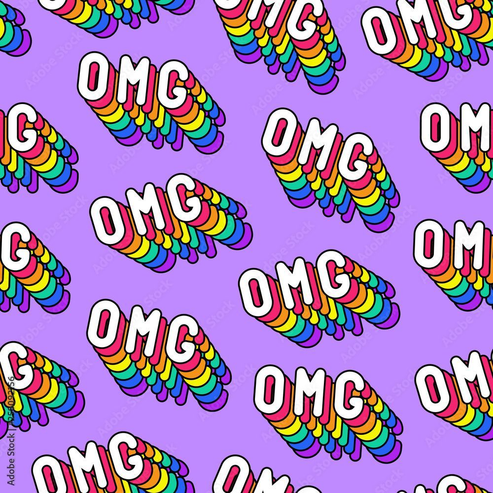 1000x1000 Seamless Pattern With Words “OMG” (Oh My God!) On Purple Background. Text Patches Vector Wallpaper. Quirky Cartoon Comic Style Of 80 90s. Stock Vector