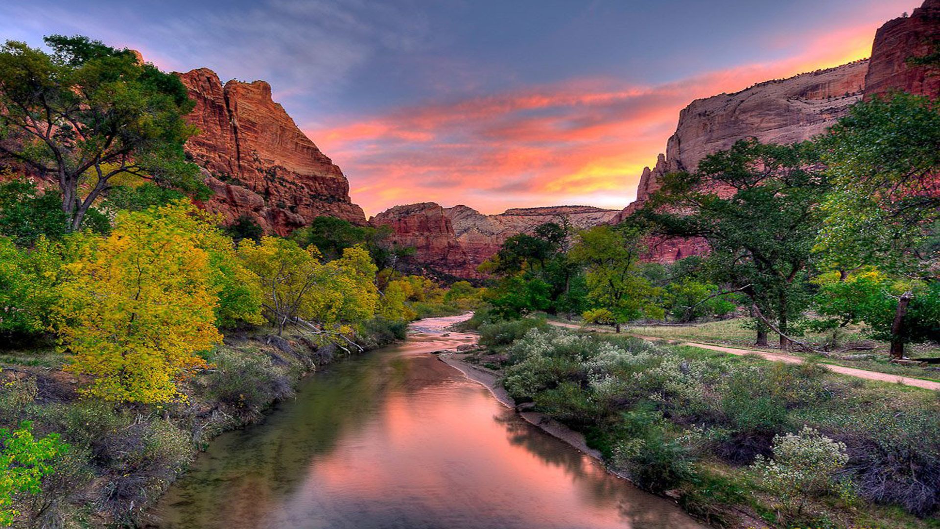 1920x1080 Virgin River Sunset Over Zion National Park Utah Nature Land