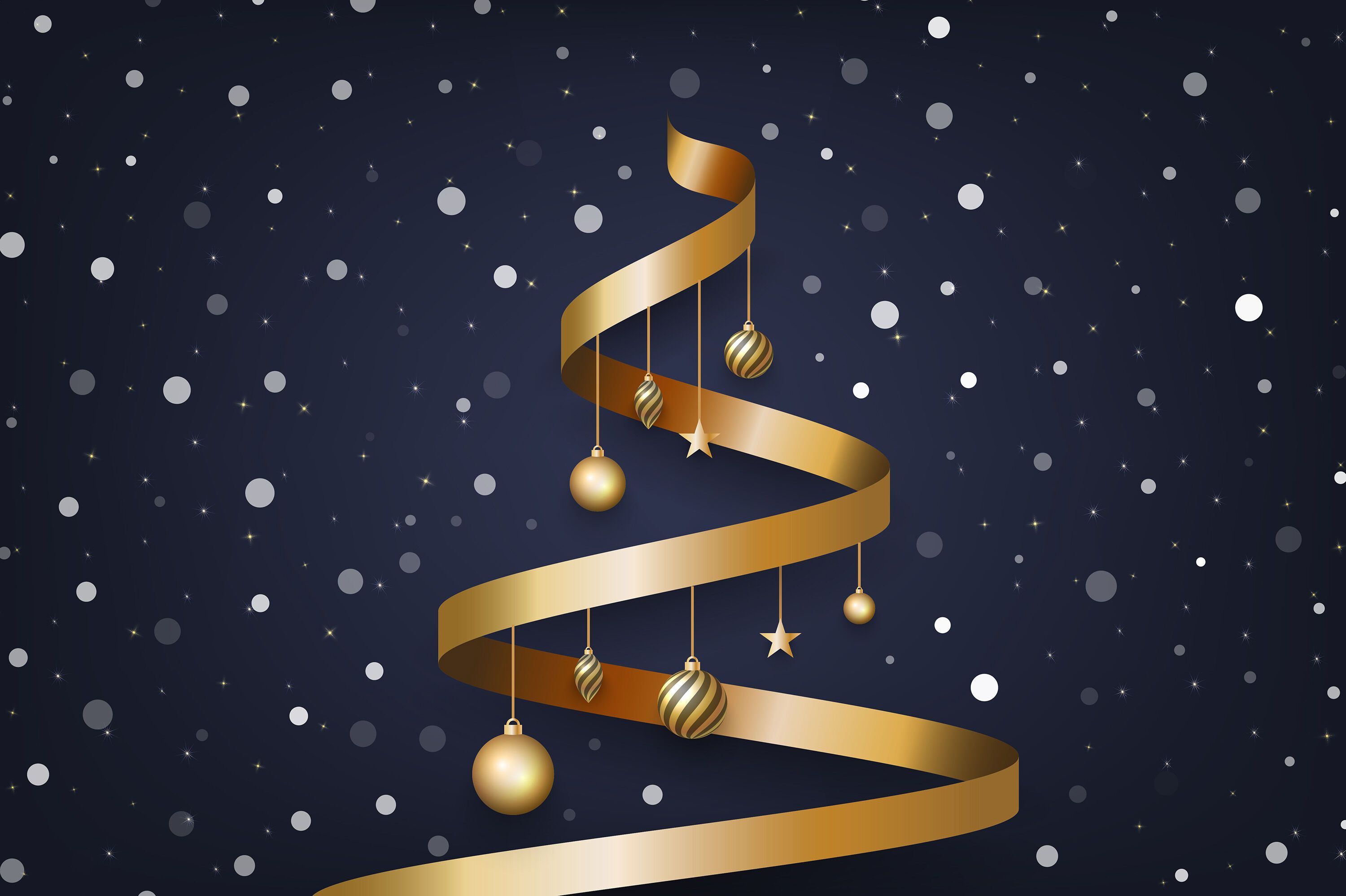3000x1998 Christmas background with tree made of golden ribbon and snow. vector By Murnifine Creative