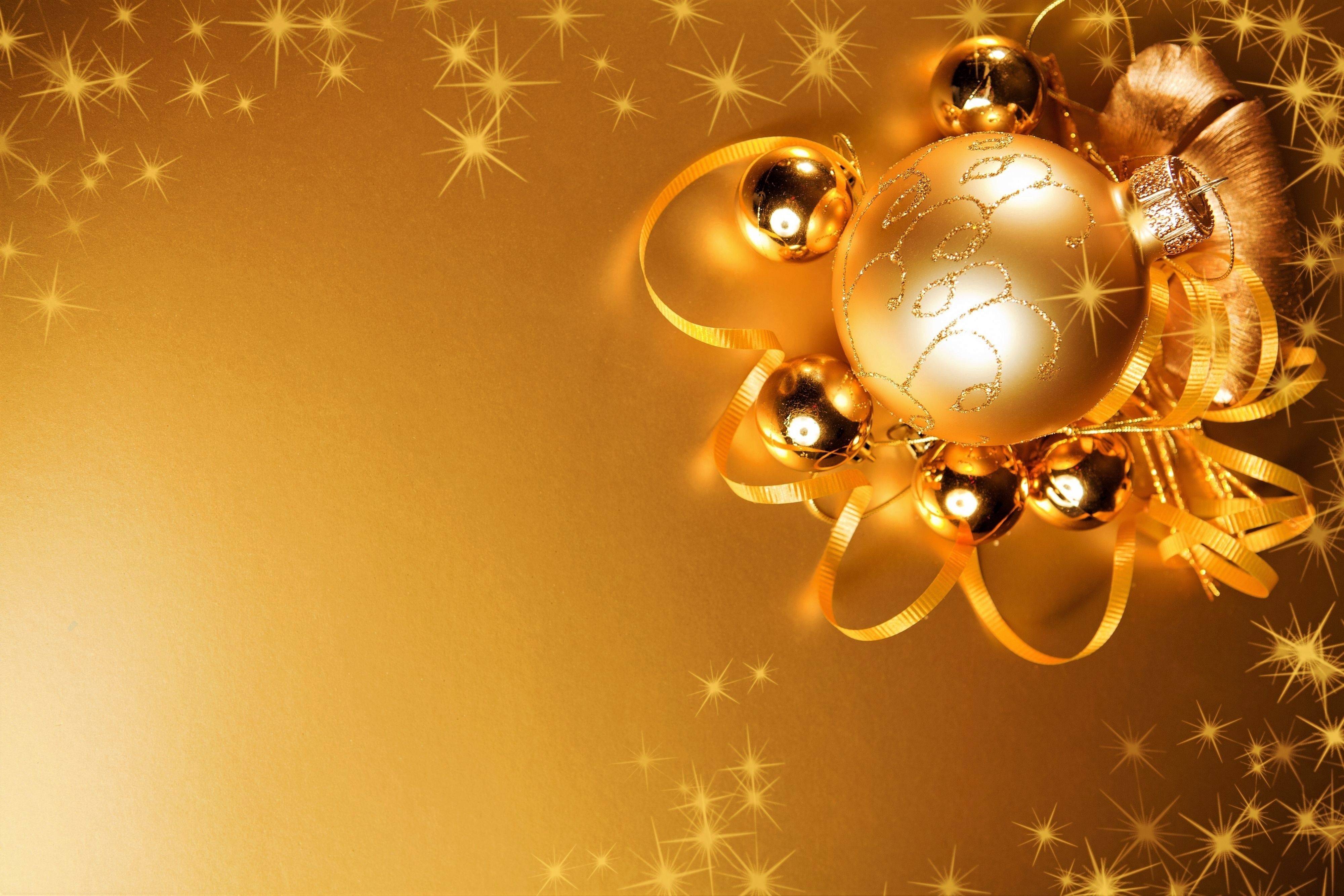 4000x2667 HD desktop wallpaper: Christmas, Holiday, Golden, Ribbon, Sparkles, Christmas Ornaments download free picture