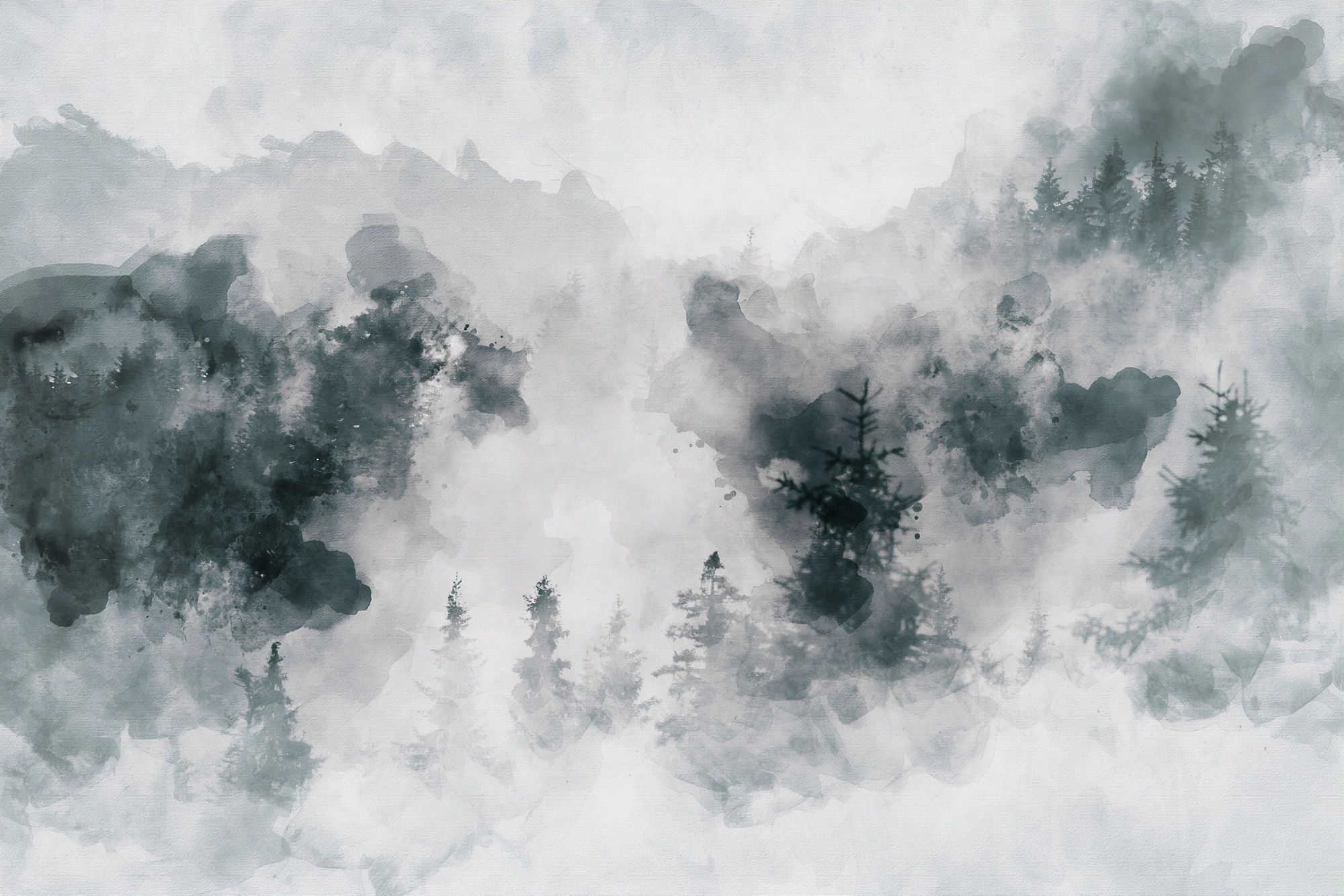 2000x1334 Watercolor Style Abstract Misty Dark Forest Wallpaper Mural