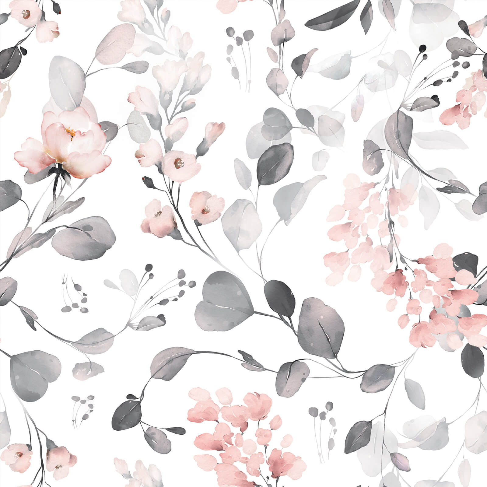 1600x1600 VEELIKE Grey Leaves Pink Floral Wallpaper