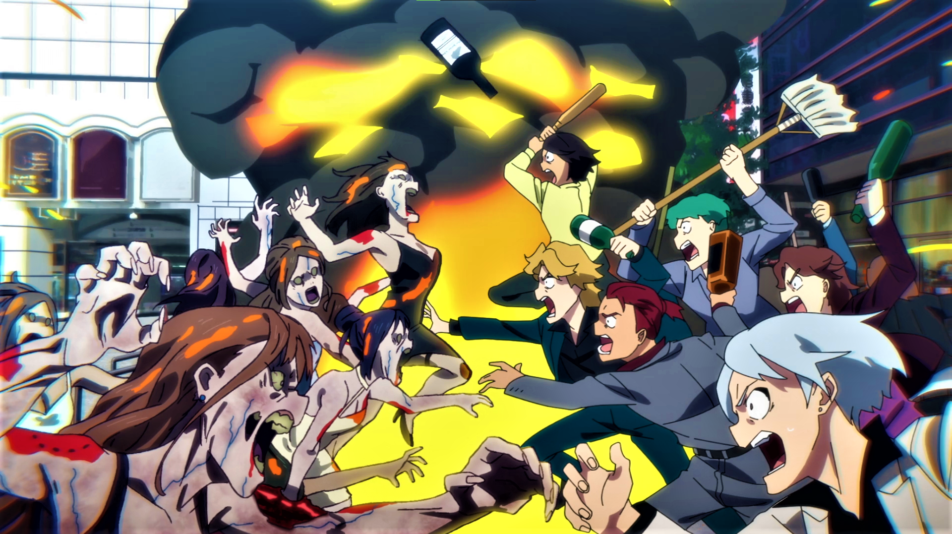 1920x1077 angry, Zom 100: Bucket List of the Dead, zombies, fire, baseball bat, Molotov, anime, Anime screenshot, anime boys, anime girls, explosion, Mop (Tool), bottlesx1077 Wallpaper