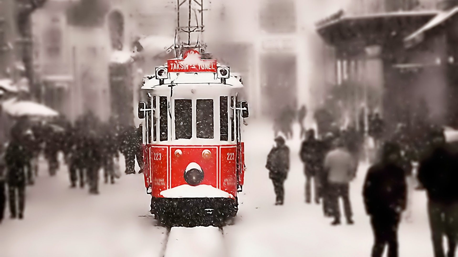 1920x1080 Turkey, tram, snow, Istanbul, taksim, urban, vehicle, numbers, winter, cold, selective coloringx1080 Wallpaper