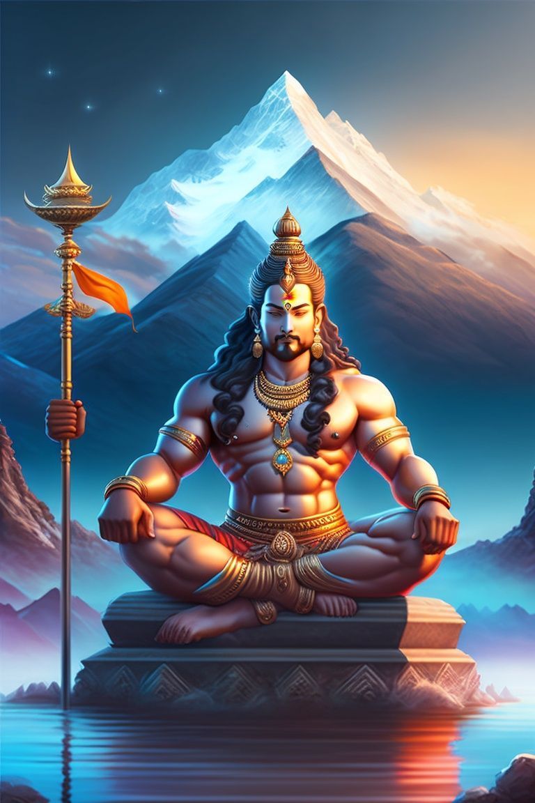 768x1152 Lexica god lord shiva doing meditation sitting on himalaya with trident in hand, highly detailed on water, ripples, backdrop of dawn, saturn