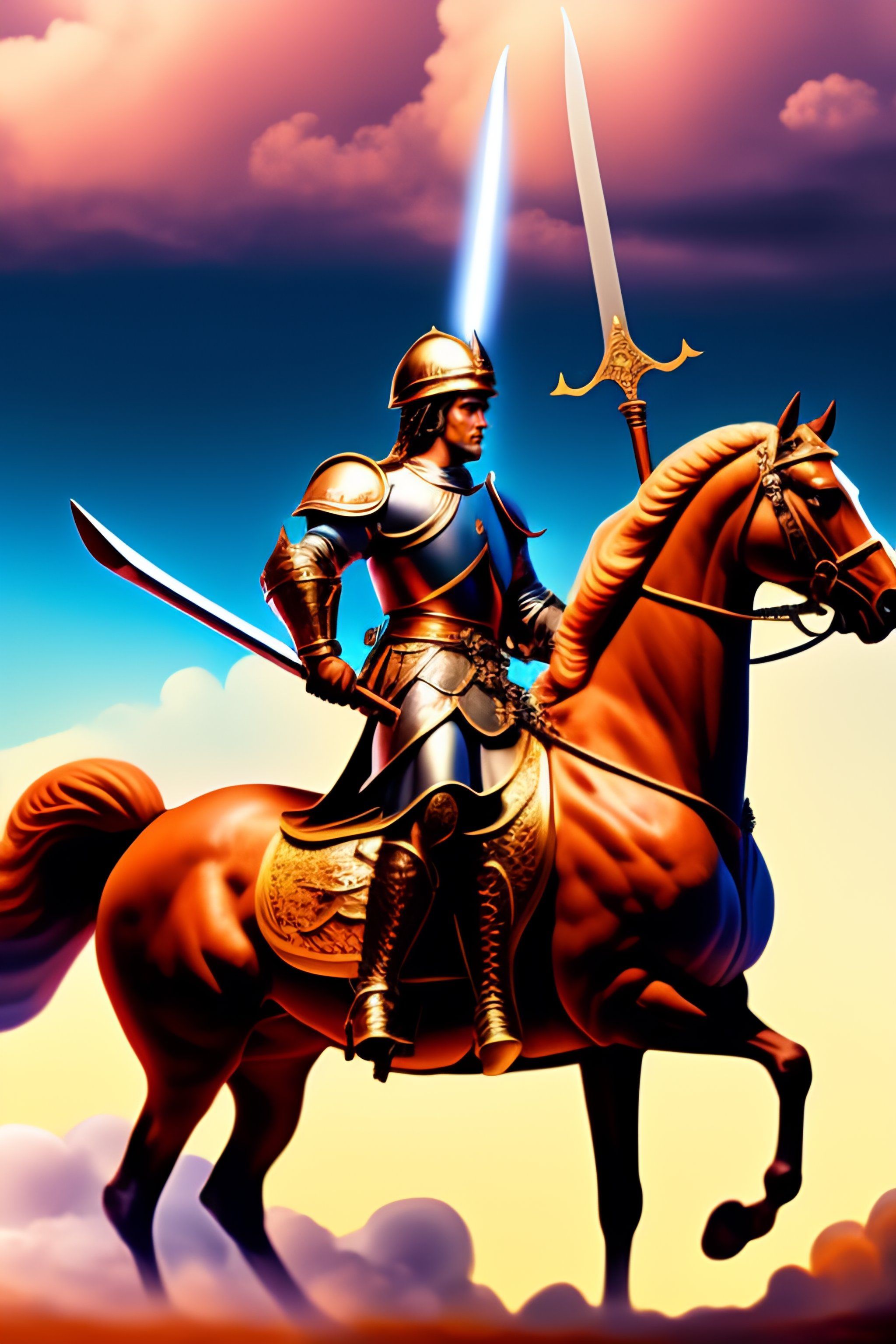 2048x3072 Lexica George on horseback, according to the Bible, with sword, slaying the dragon, epic portrait of an angel, flaming above his head, flying