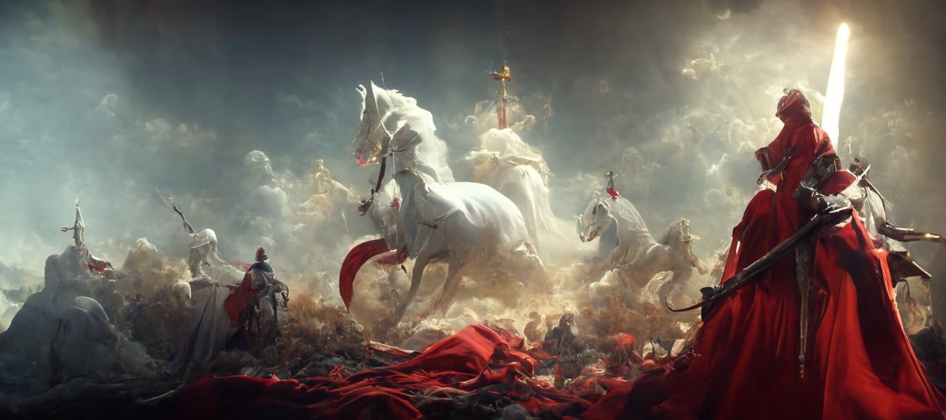 1366x607 Prompthunt: Saint George Wearing A Red Cape On Top Of A White Horse Battling A Dragon With A Silver Sword, Epic, Medieval, Cinematic, Moody, Top View, Wide Angle, Ultra HD, Insanely Detailed And