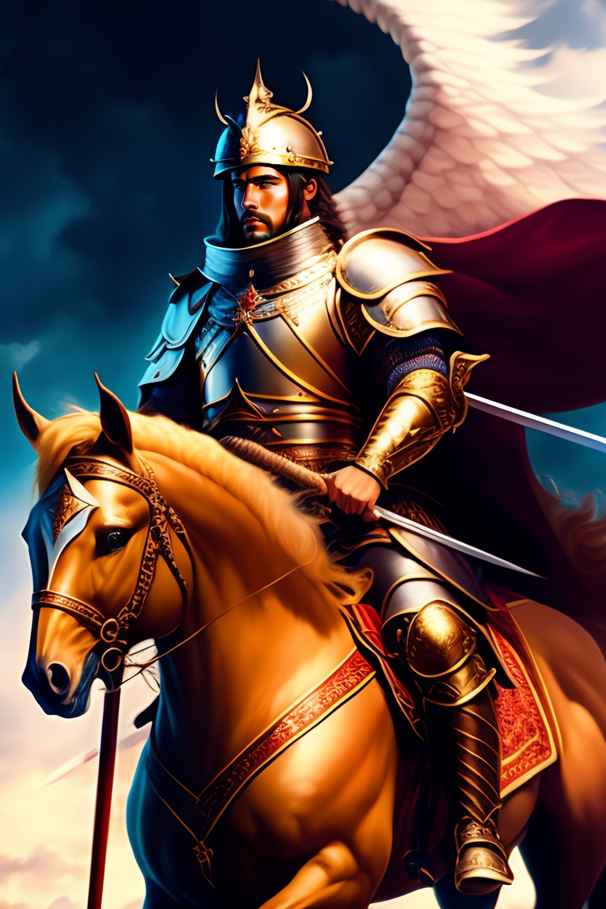 2048x3072 Lexica George on horseback, according to the Bible, with sword, slaying the dragon, epic portrait of an angel, flaming above his head, flying