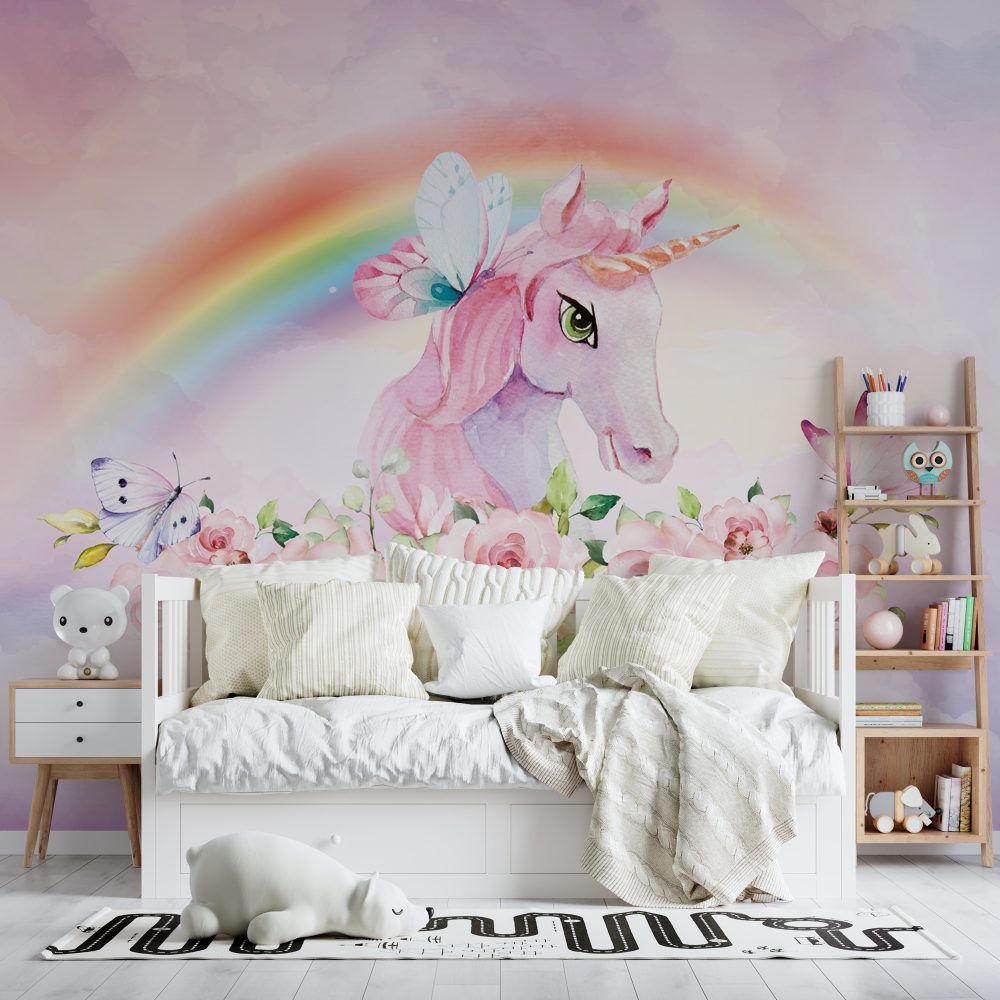 1000x1000 Unicorn and Rainbow Wallpaper for Girls Room Decor