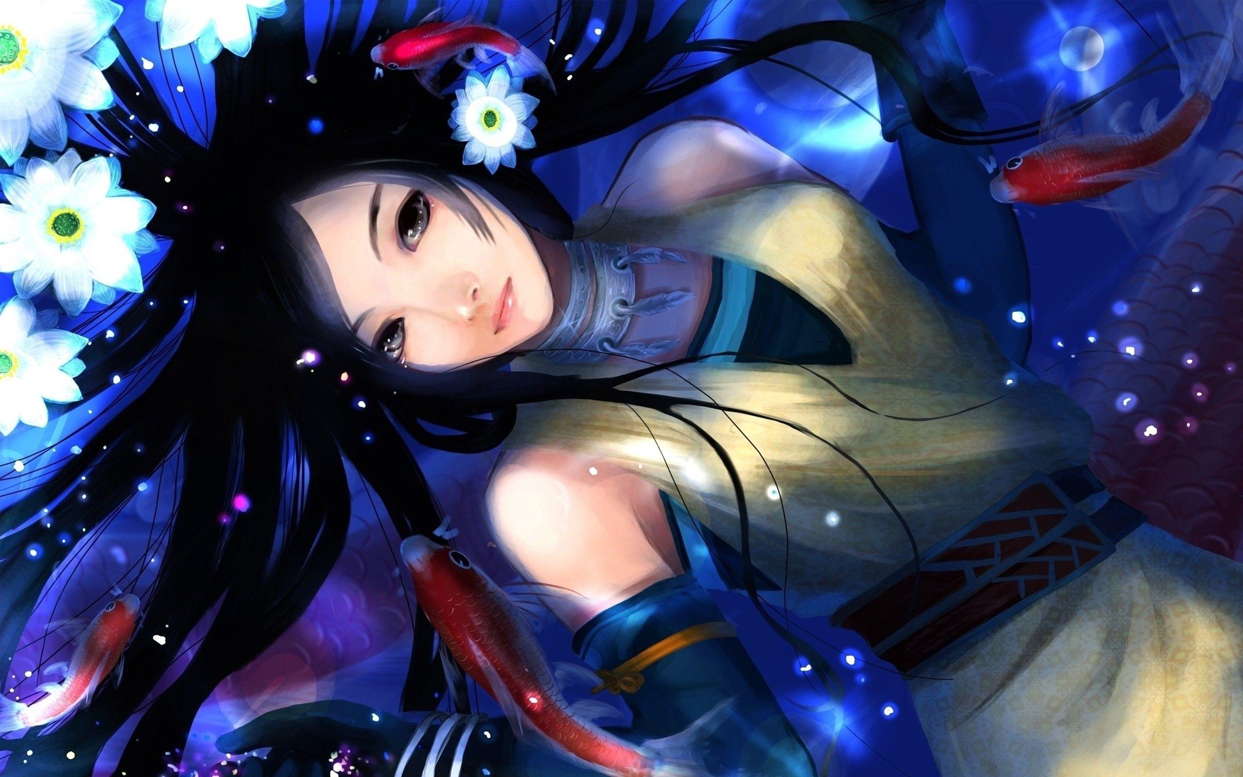 2560x1600 water, flowers, RPG, long hair, Chinese, lying down, anime, anime