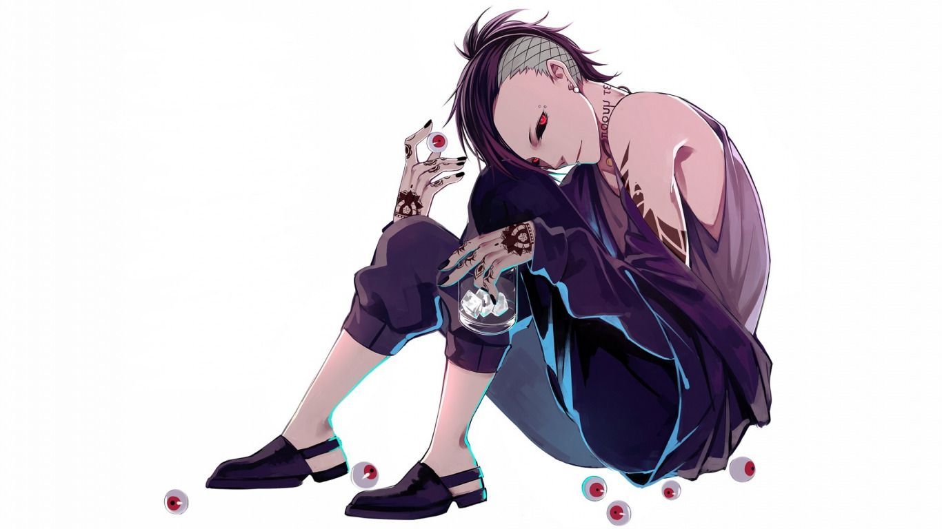 1366x768 Download wallpaper anime, guy, tattoo, Tokyo Ghoul, Tokyo Ghoul, Uta, red eye, section seinen in resolution 1366x768