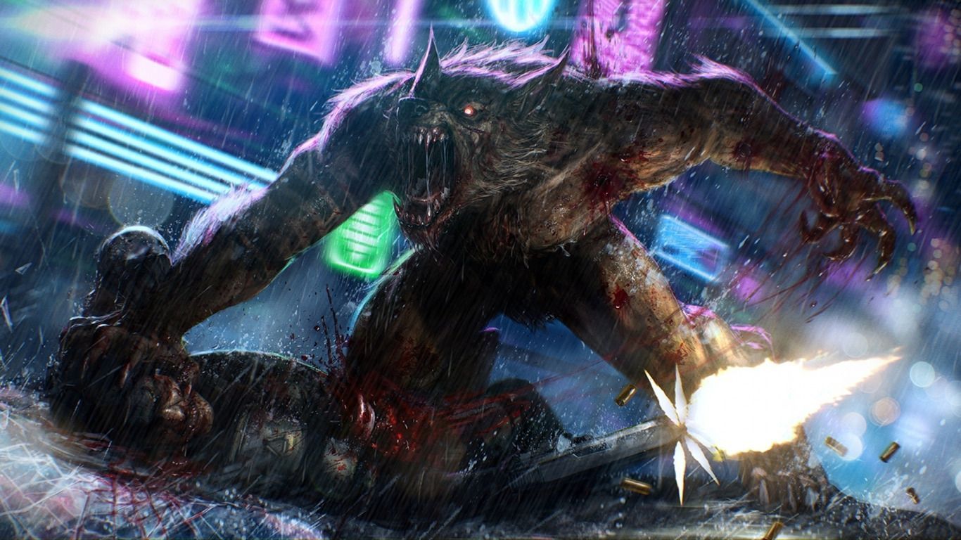 1366x768 Download wallpaper weapons, rain, blood, neon, blow, male, werewolf, LMS, shots, Last Man Standing, section fantasy in resolution 1366x768