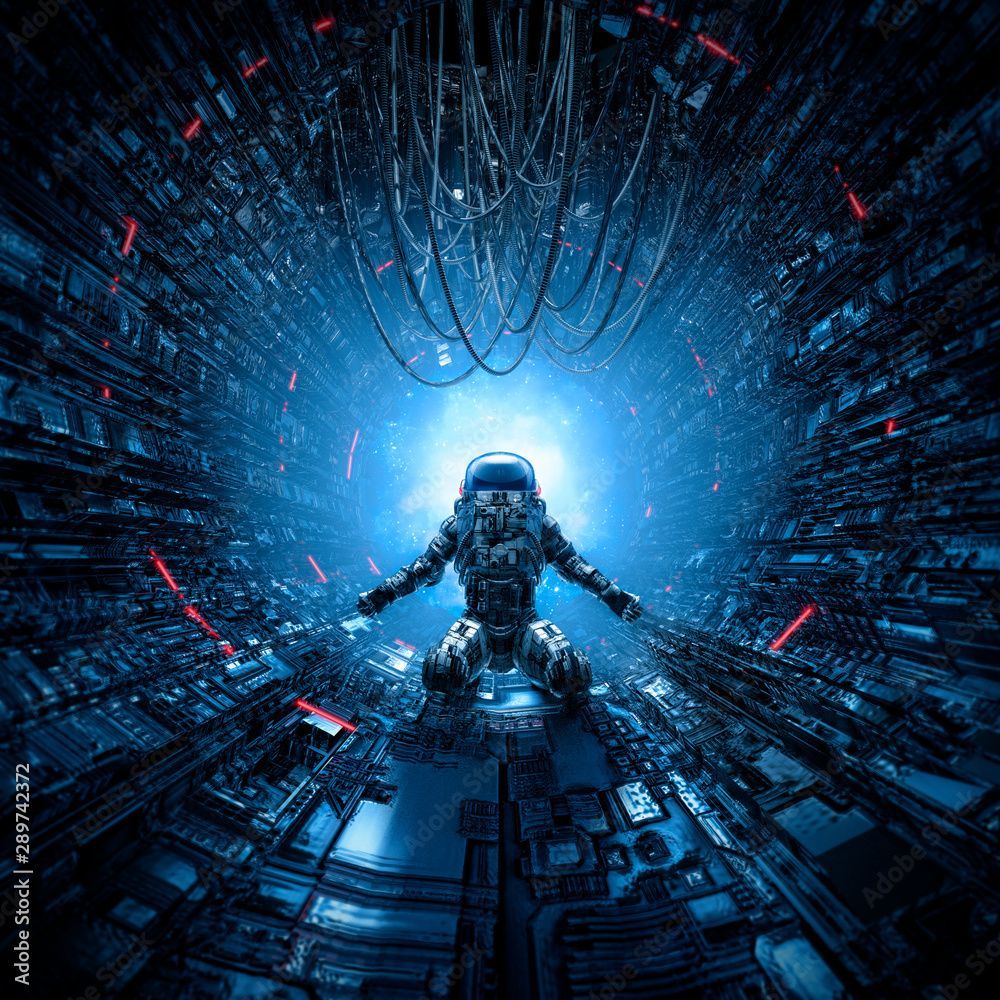 1000x1000 Last man standing / 3D illustration of lone astronaut left behind in dark space station corridor Stock Illustration