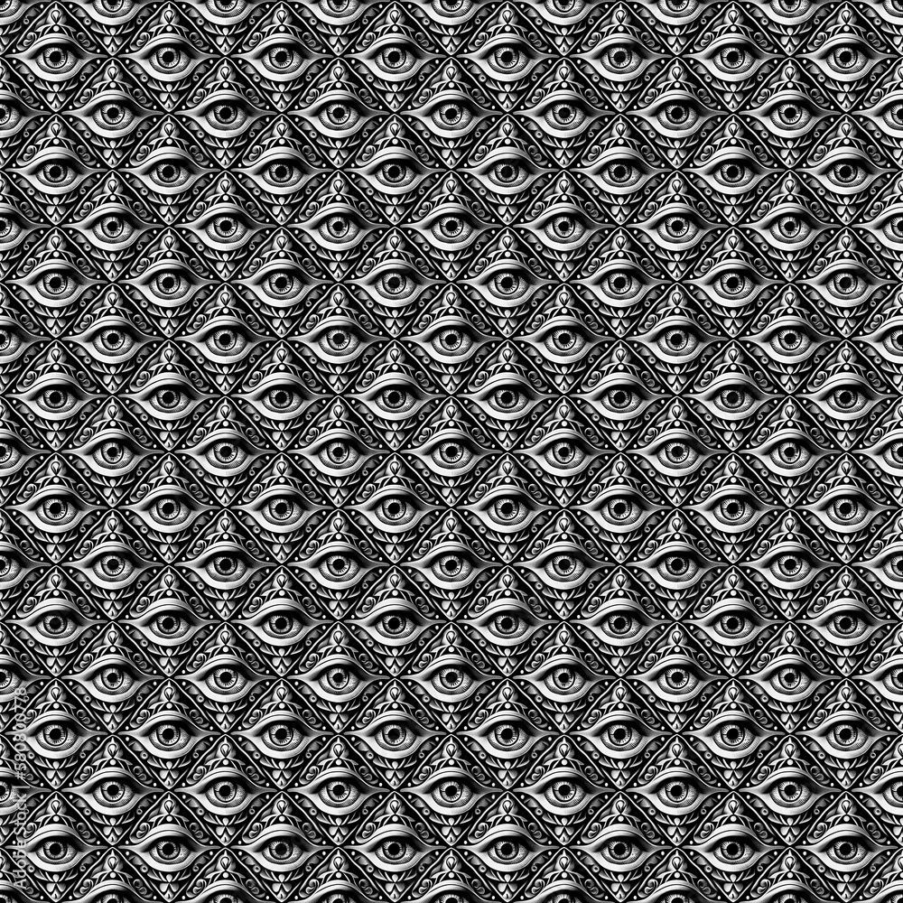 1000x1000 Vintage engraving surreal eyes tileable texture illustration. Tile mosaic pattern of digital painting in impressionism style in black and white ink for wallpaper or fabric. Generative ai. Stock Illustration
