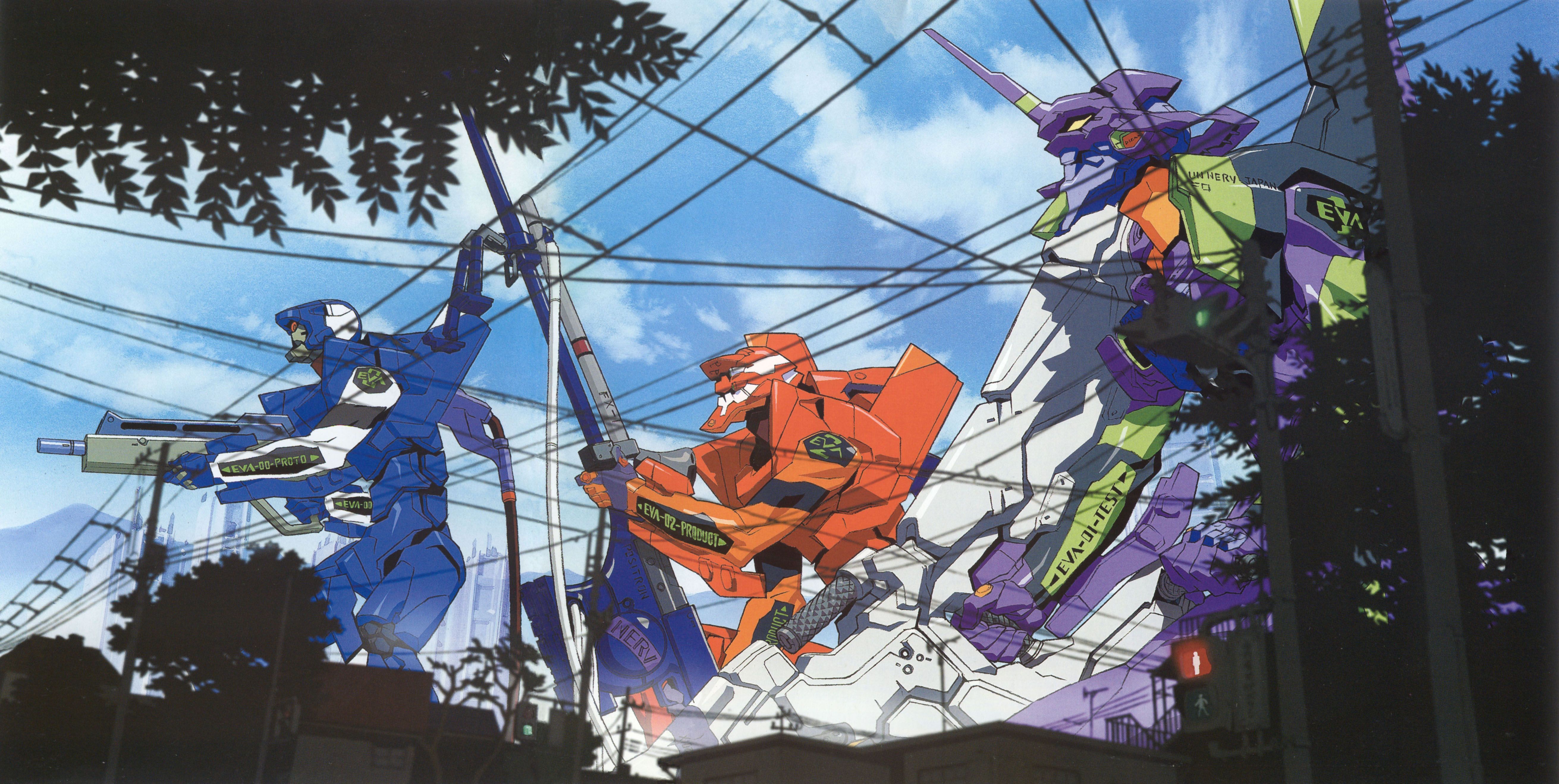 5244x2638 eva eva and eva 00 (neon genesis evangelion) drawn