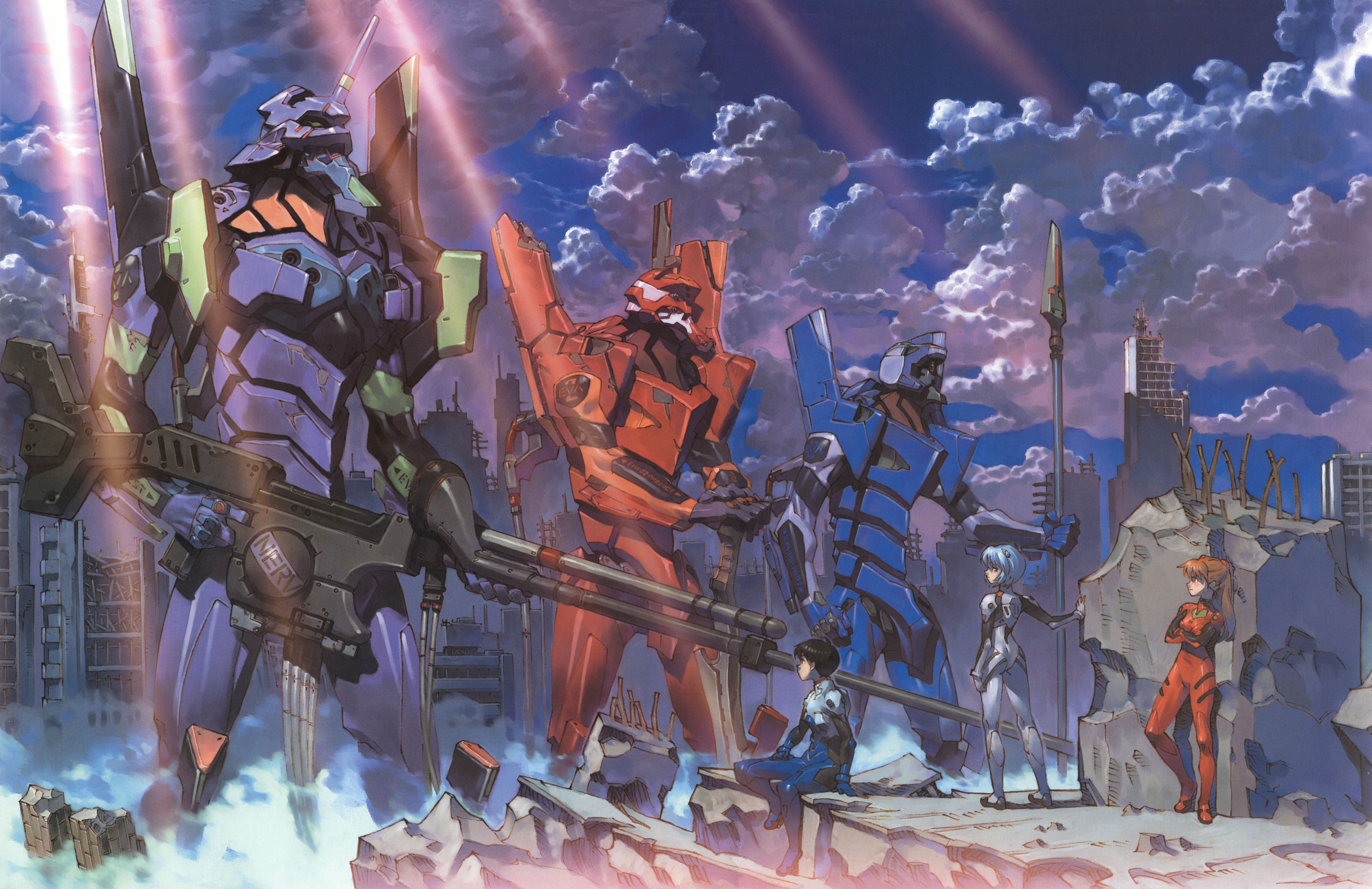 5645x3659 yoshinari you neon genesis evangelion ayanami rei eva 00 eva 01 eva 02 ikari shinji souryuu asuka langley bodysuit