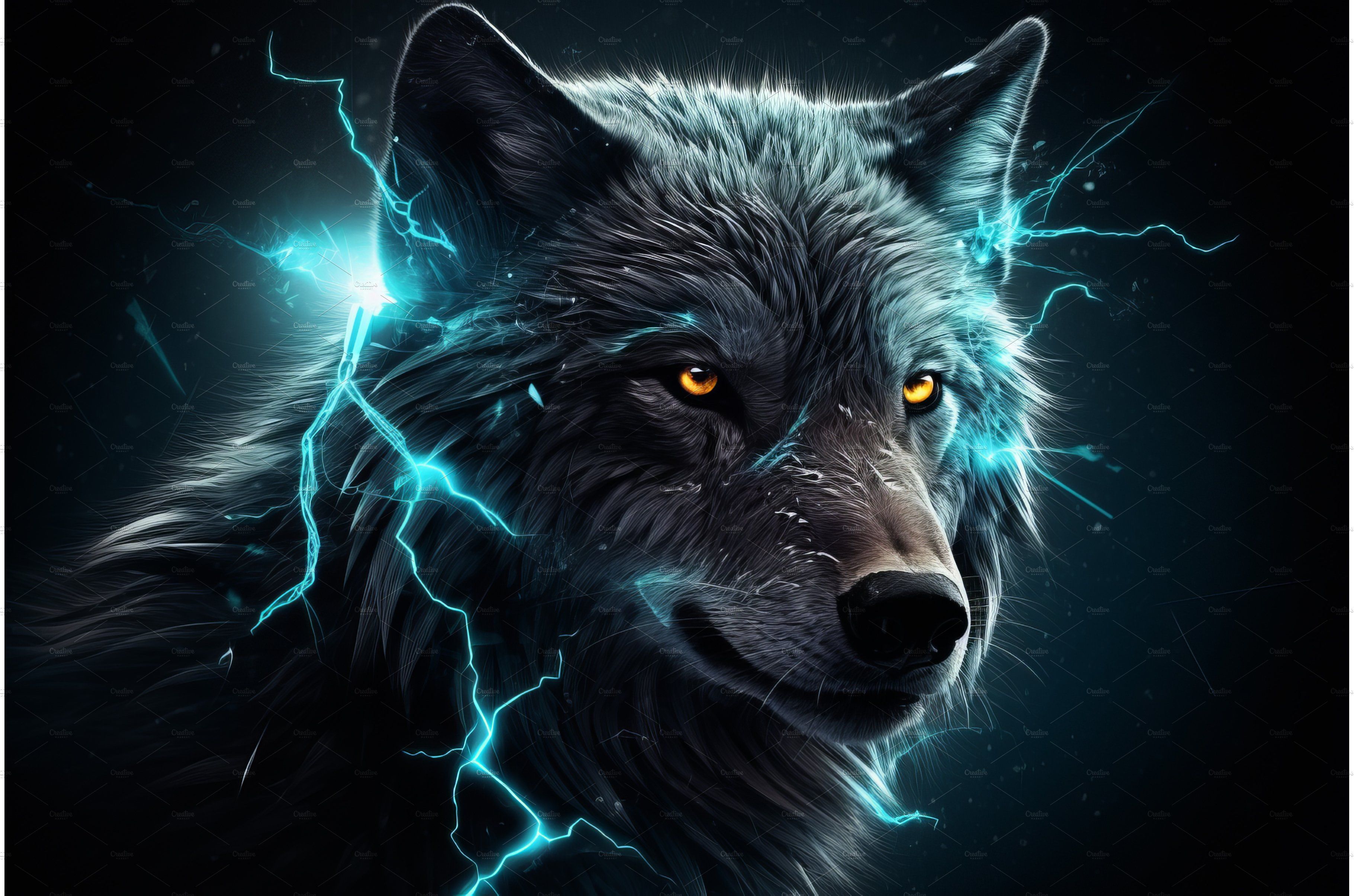 3640x2410 Wolf head electric. Generate Ai. Animal Creative Market