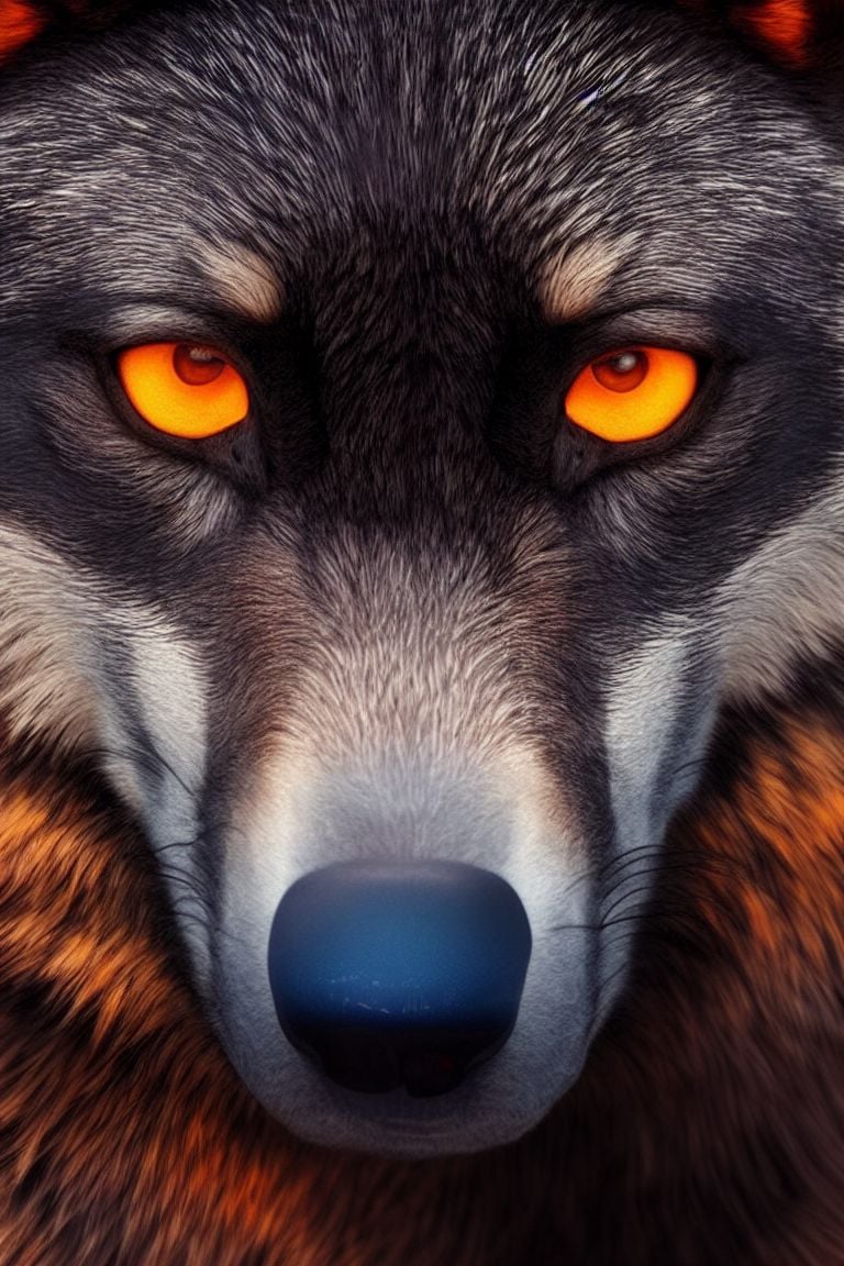 768x1152 Pale Cod901: Wolf Werewolf, Black Glossy Coat, Blue Eyes With An Orange Rim Around The Edge Of The Iris. Winter