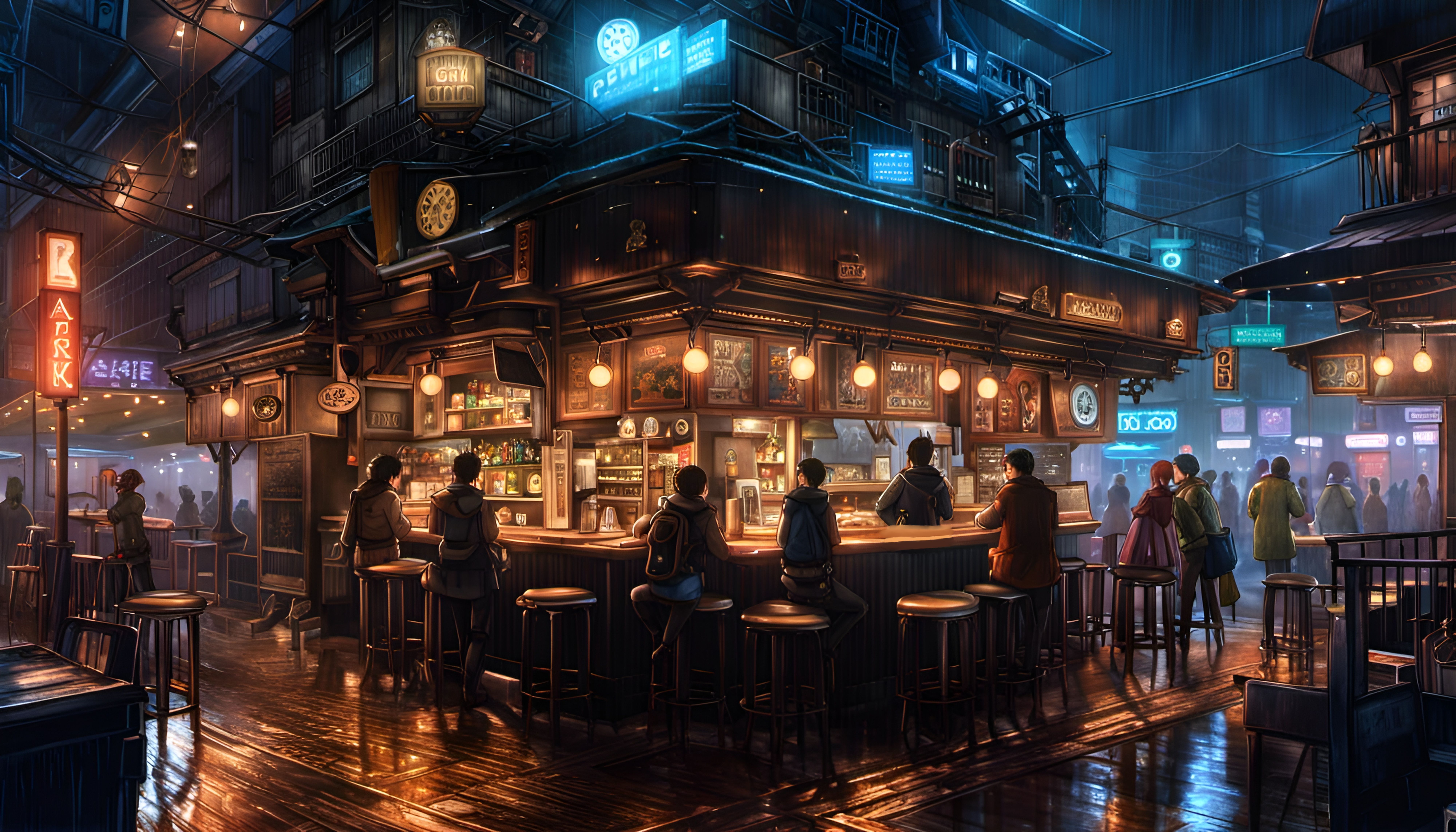 8000x4571 CyberSteampunkNightCafe (SDXL)