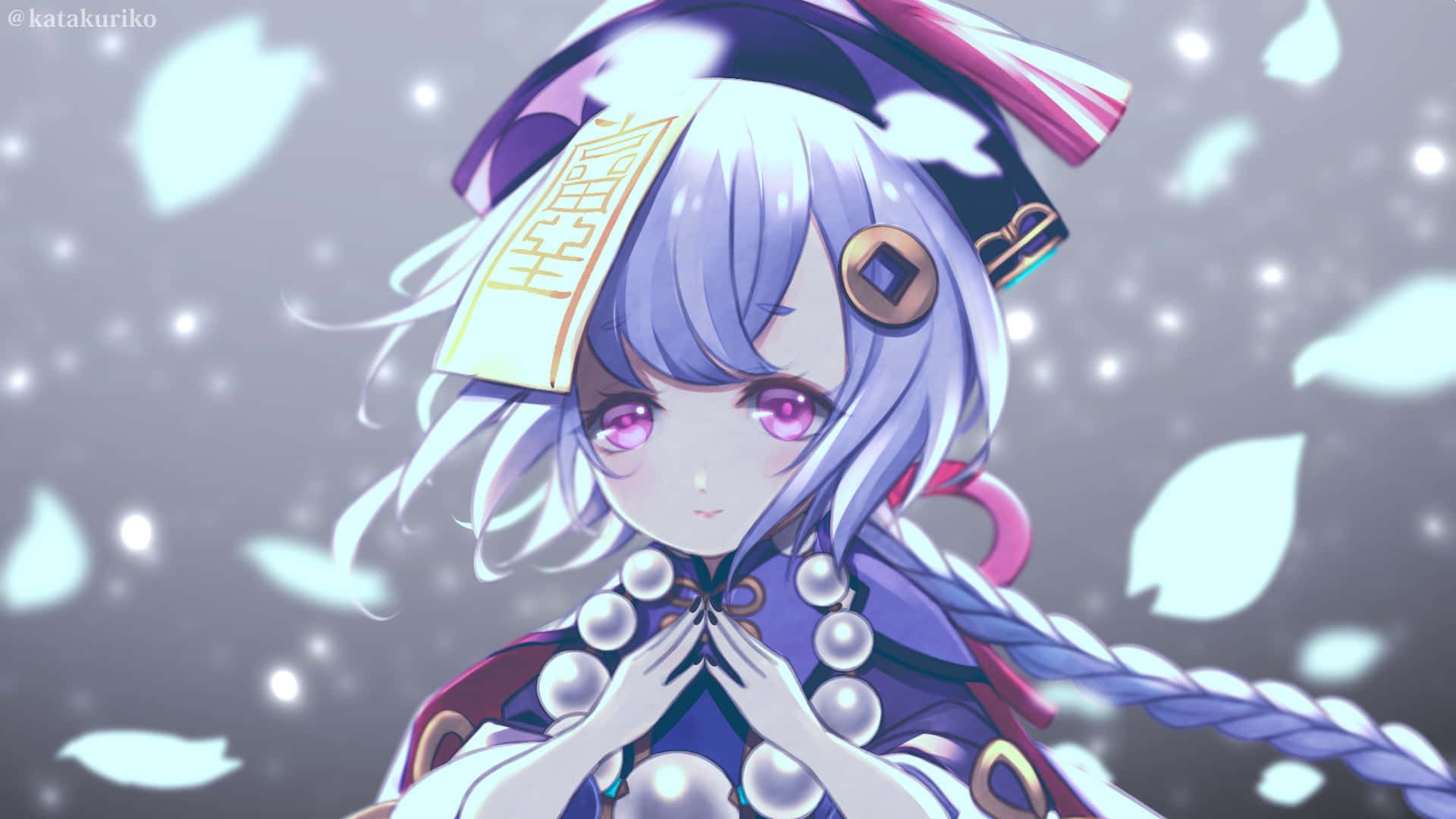 1920x1080 Download Adorable Qiqi from Genshin Impact in a captivating winter scene Wallpaper