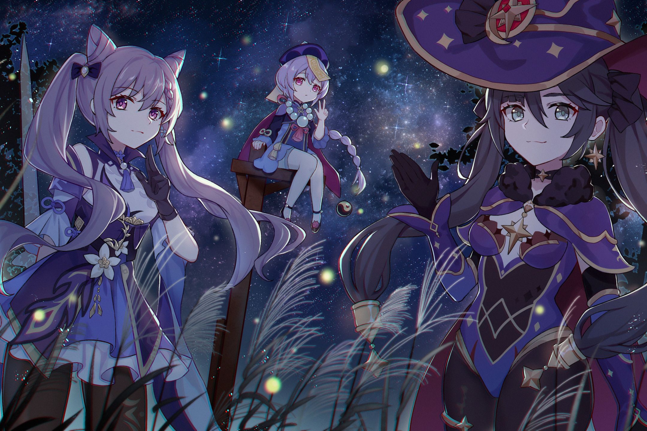 2160x1440 HD desktop wallpaper: Video Game, Purple Eyes, Purple Hair, Genshin Impact, Keqing (Genshin Impact), Mona (Genshin Impact), Qiqi (Genshin Impact) download free picture