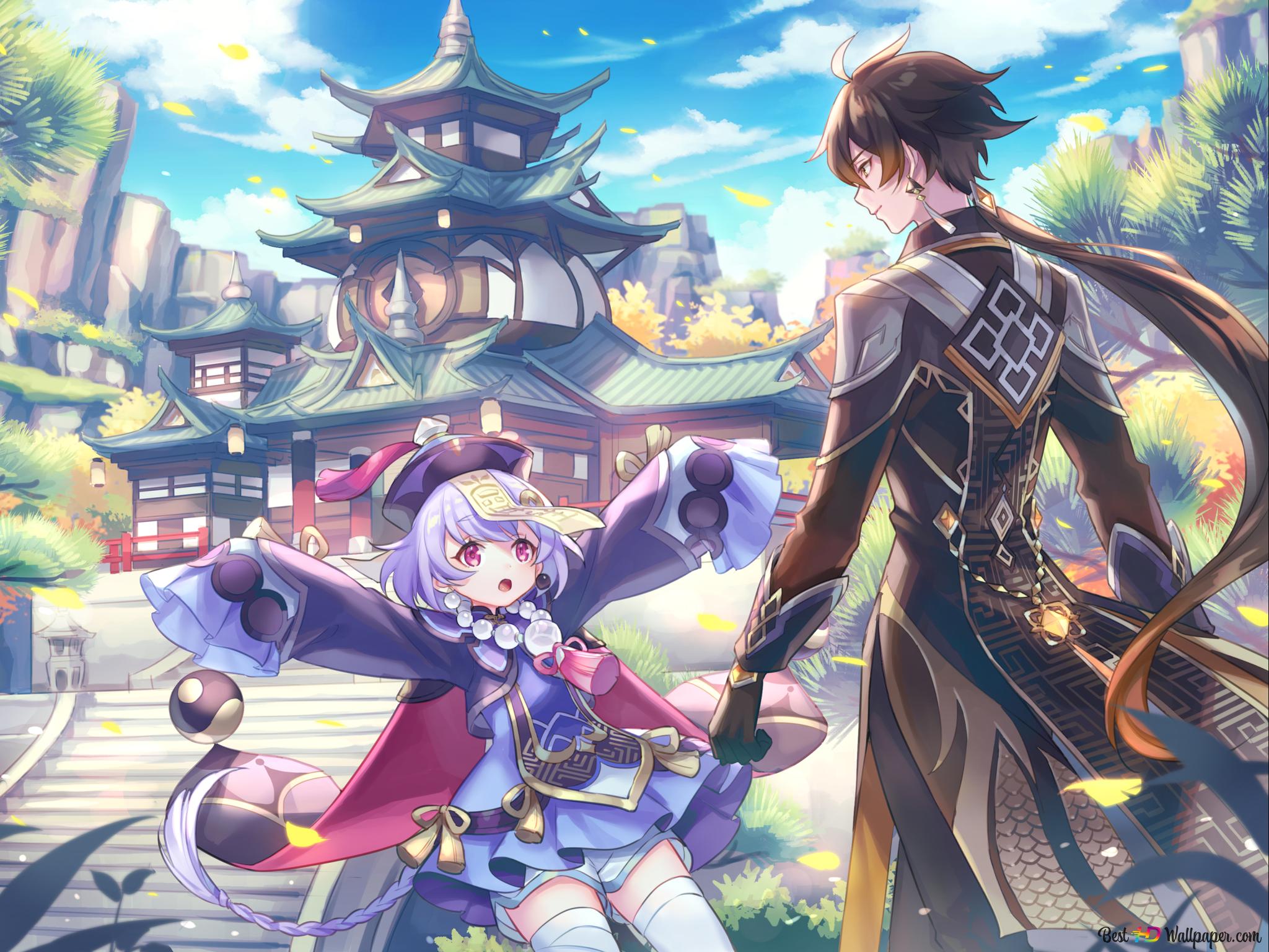 2048x1536 Qiqi & Zhongli going to the temple together (Genshin Impact) 2K wallpaper download