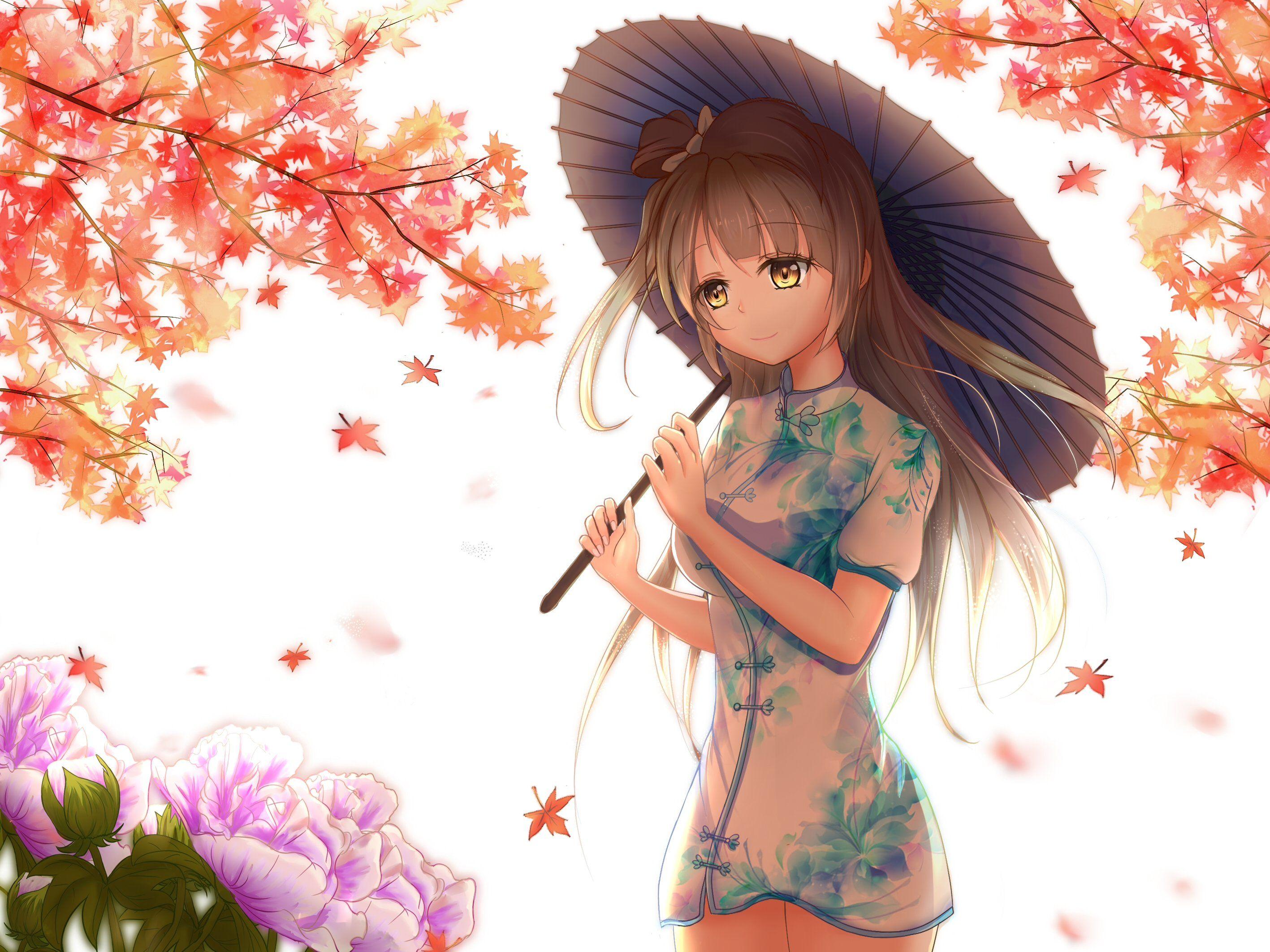 2834x2125 Autumn brown eyes brown hair chinese clothes chinese dress flowers