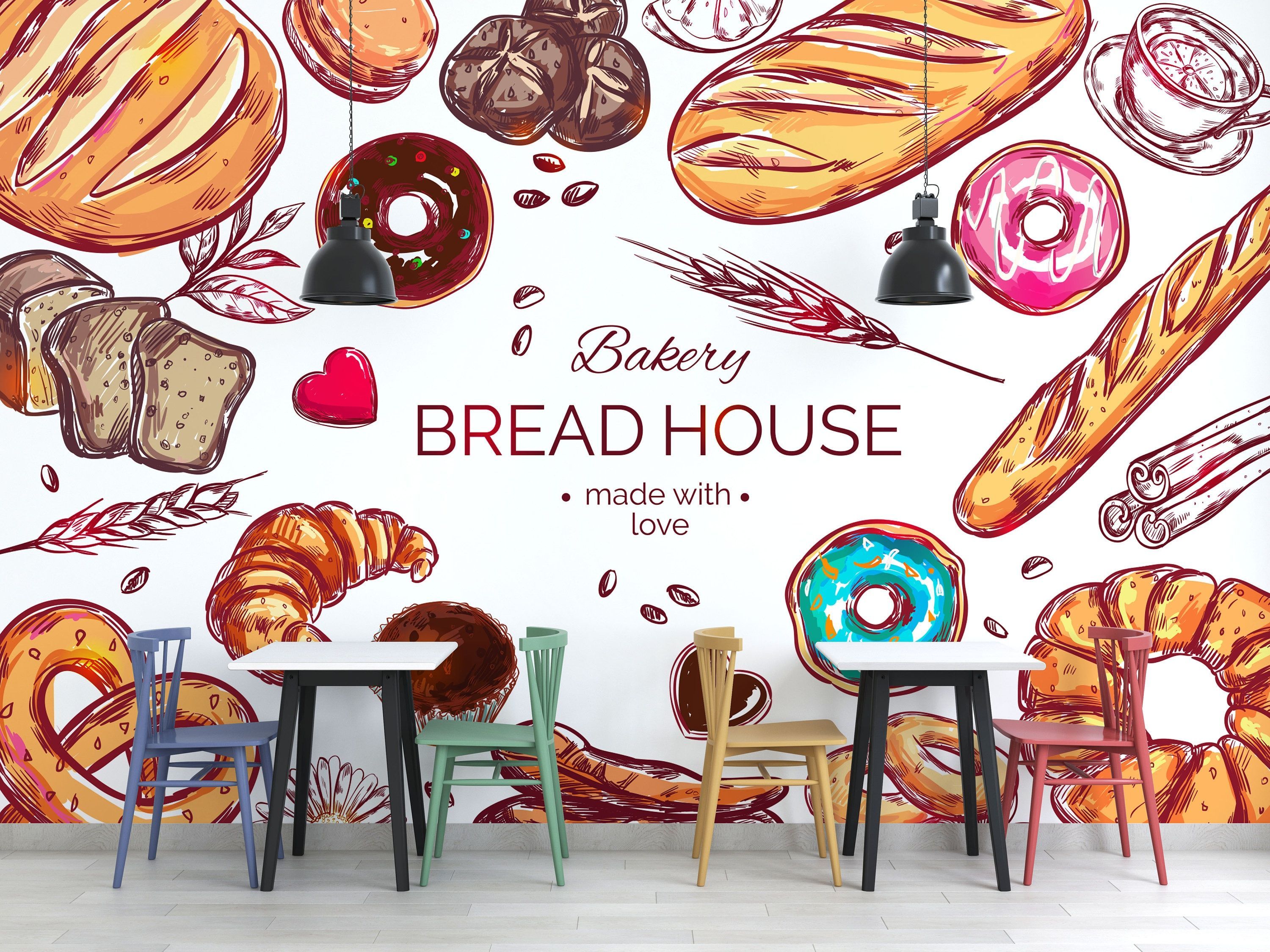 3000x2250 Watercolor Bakery Cafe Wallpaper Colorful Kitchen Wall Mural