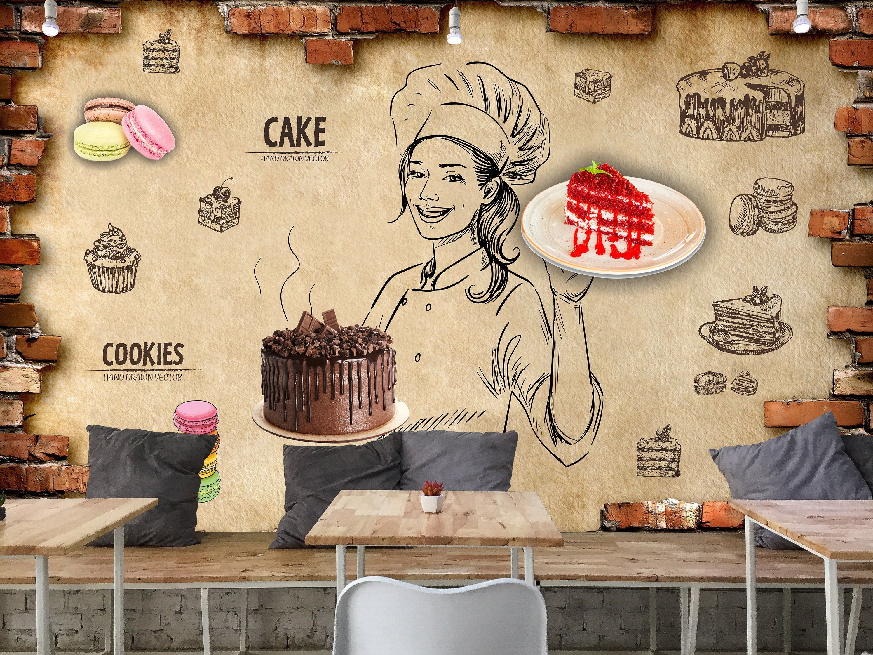 2991x2243 Cake and Cookie Patisserie Wallpaper Cafe Wallpaper Peel and. Vinyl wallpaper, Cleaning walls, Red walls