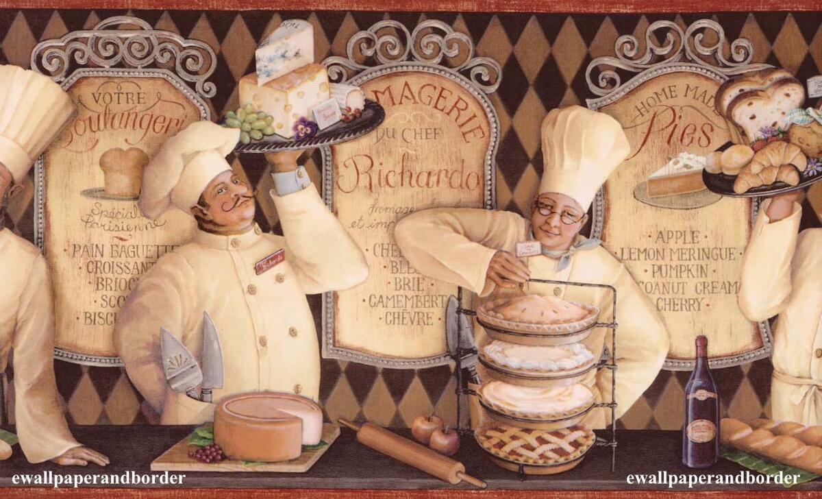1200x728 French Pastry Chef Bakery Cafe Bake Shop Fat Chef Kitchen Wallpaper Border