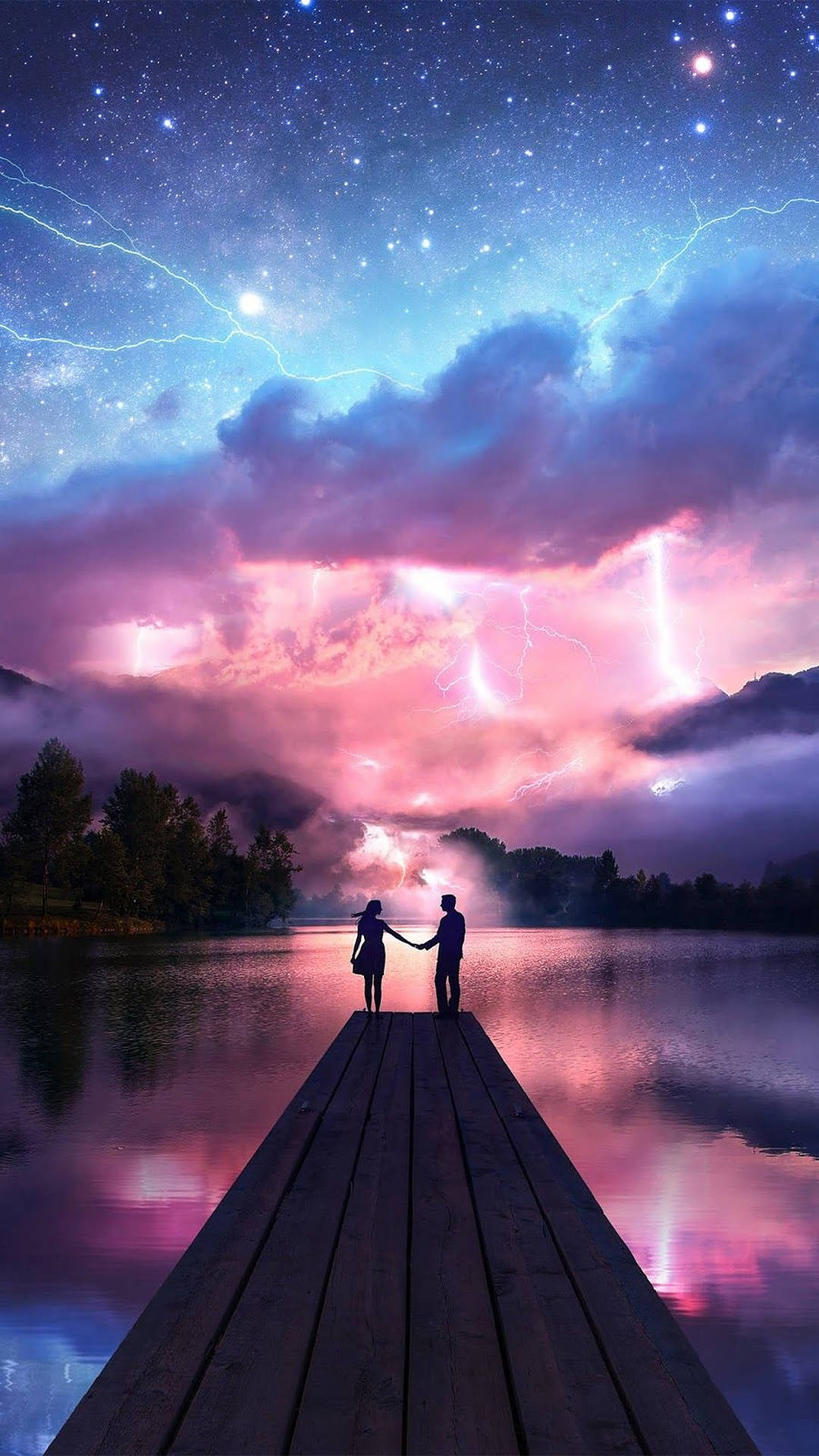1080x1920 Download Couple Silhouette In Stormy Weather Wallpaper