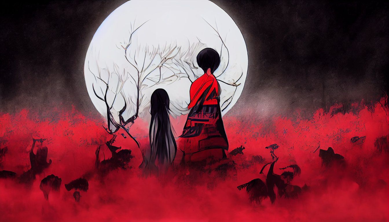 1344x768 prompthunt: Japan horror anime style, Black and Red, mononoke, horror, ghost japan