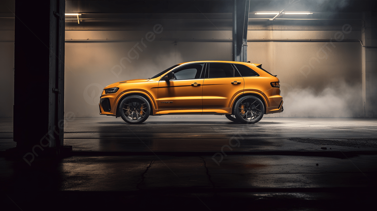 1200x673 The Orange Audi Q7 Sport Sedan Is Driving Around A Garage Background, Trackhawk Picture Background Image And Wallpaper for Free Download