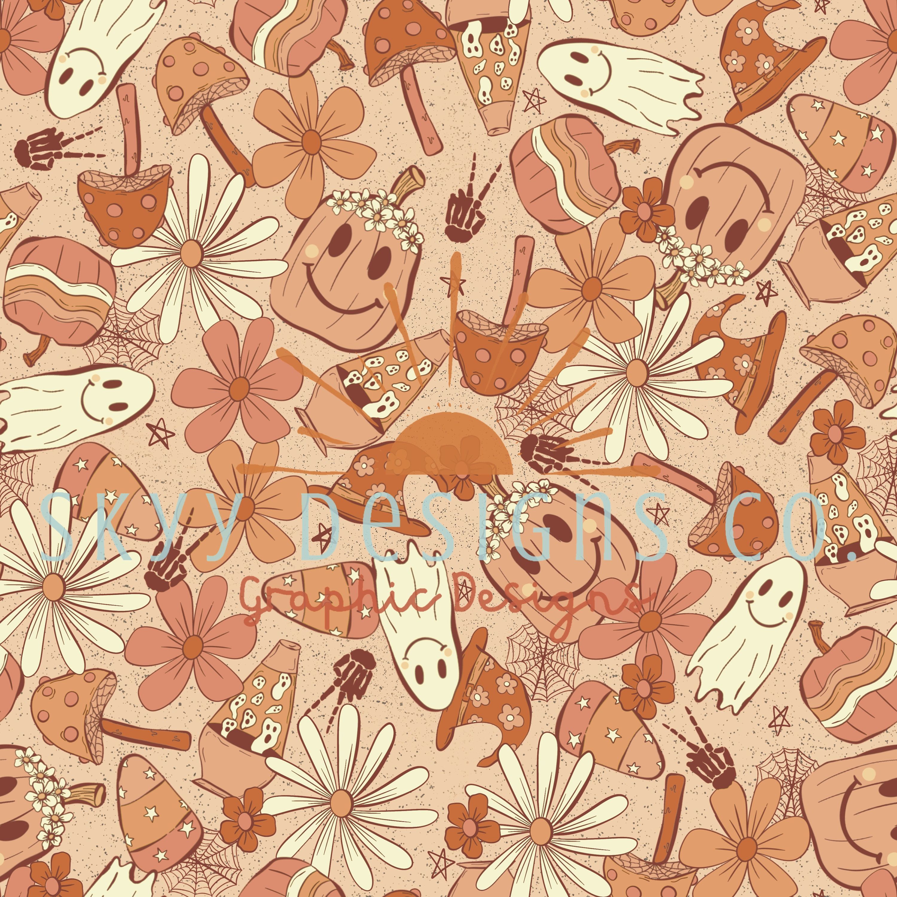 3000x3000 Retro Halloween Ghosts and Pumpkins Digital Seamless Pattern