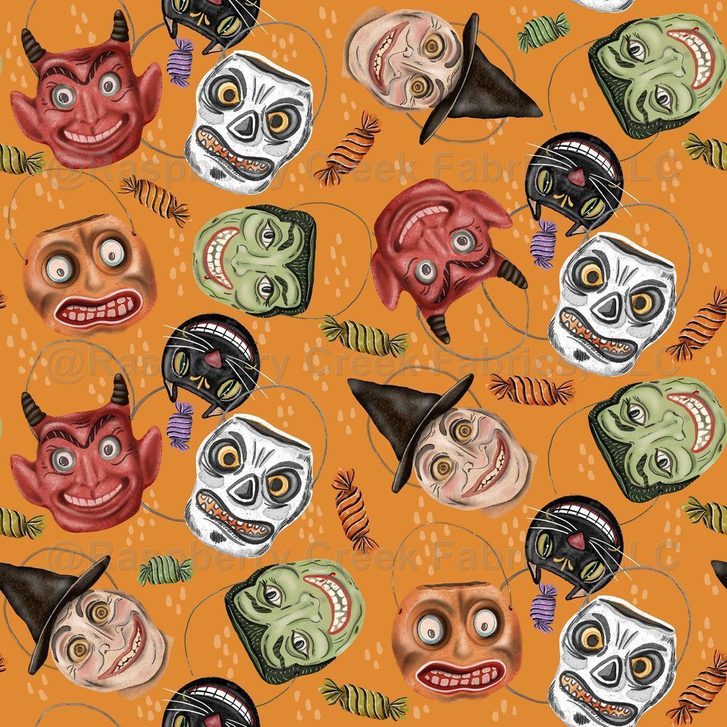 1024x1024 Vintage, retro, antique, halloween, dracula, skeleton, witch, devil, orange, black cat, trick or treat, watercolor, jack o lantern Fabric, Raspberry Creek Fabrics