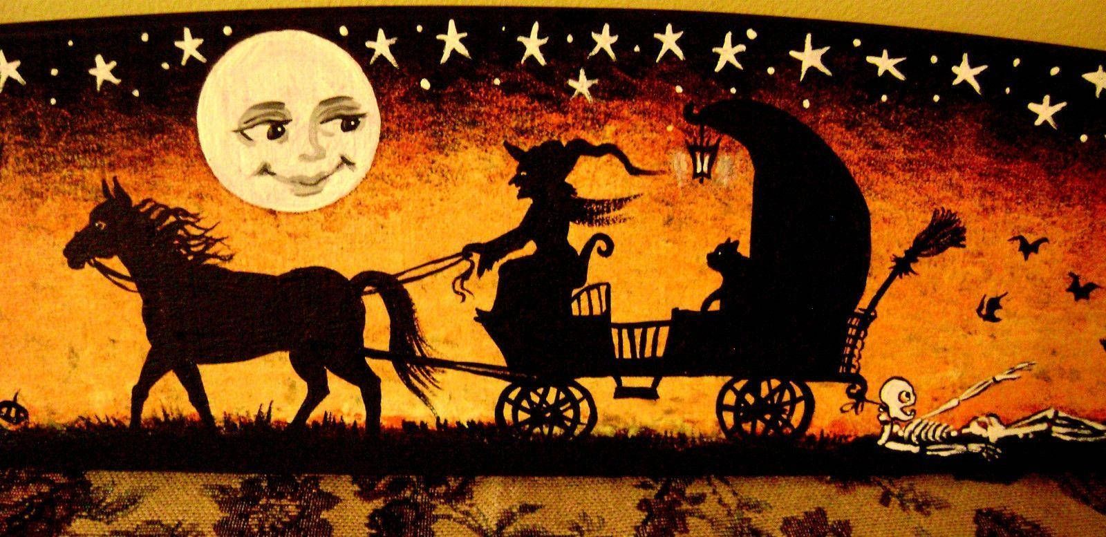 1600x777 Download Vintage Halloween Witch In Carriage Wallpaper