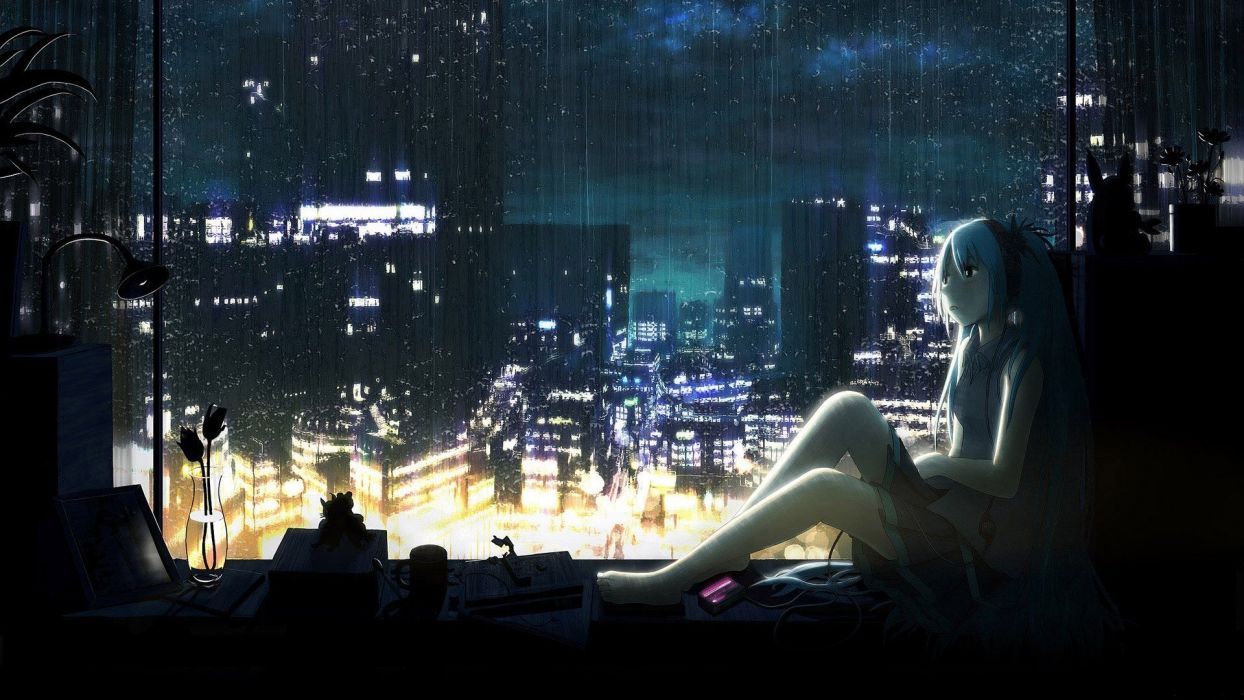 1244x700 Headphones water clouds cityscapes dark Vocaloid night lights rain flowers Hatsune Miku wet skirts cups long hair window barefoot lamps books skyscapes anime girls vase mp3 player wallpaperx1080