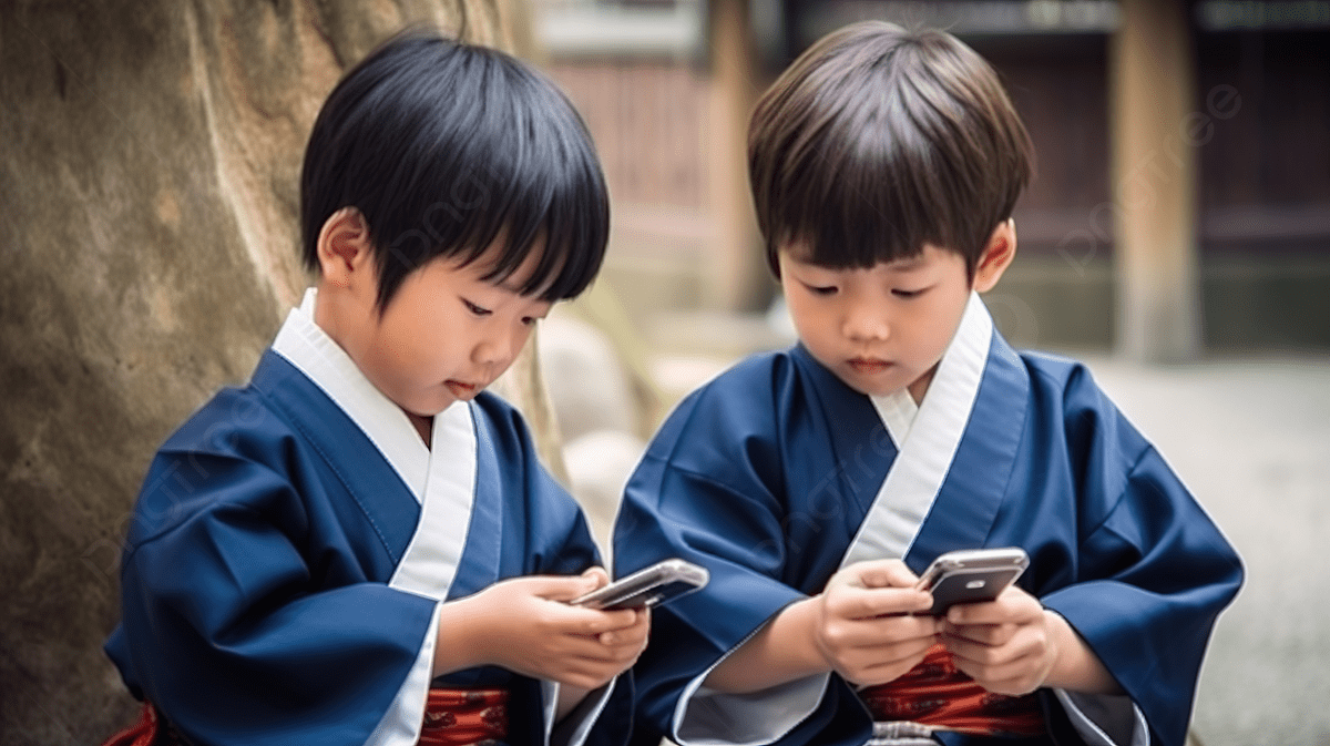 1200x673 Two Young Kids In Traditional Japanese Using Phones Background, Brothers Playing Games On Smartphones, HD Photography Photo, Photograph Background Image And Wallpaper for Free Download