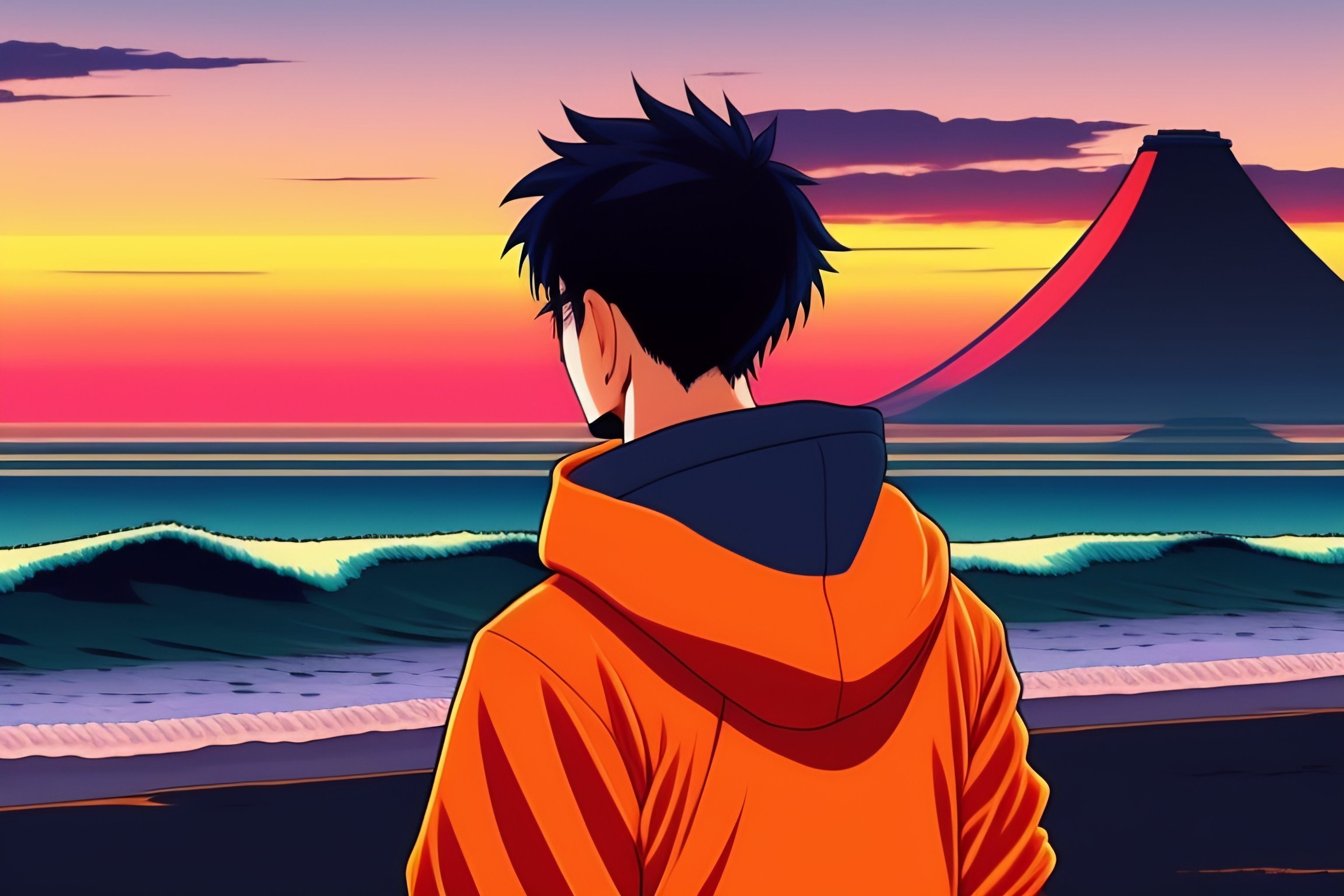 3072x2048 Lexica Japanese guy wearing a black hoodie, standing and showing us his back, looking at the sunset over the ocean at the beach, in the style