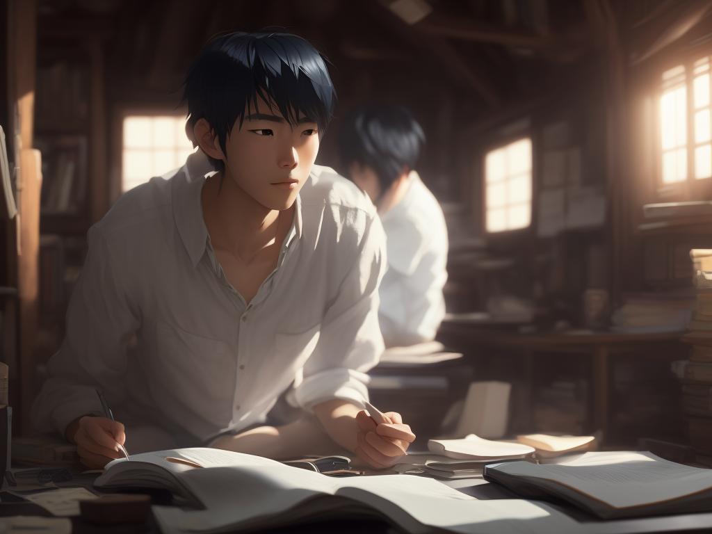 1024x768 Pesky Lemur554: More Close Up Look Of Face, Facing The Front, A 20 Year Old Japanese Boy Focusing On Studies In An Attic, Sitting On His Knees, Full Body Look